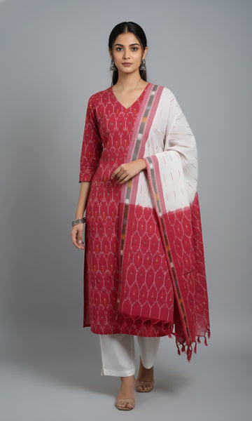 Red - HANDLOOM COTTON 3PC POCHAMPALLY IKAT DRESS MATERIAL 13