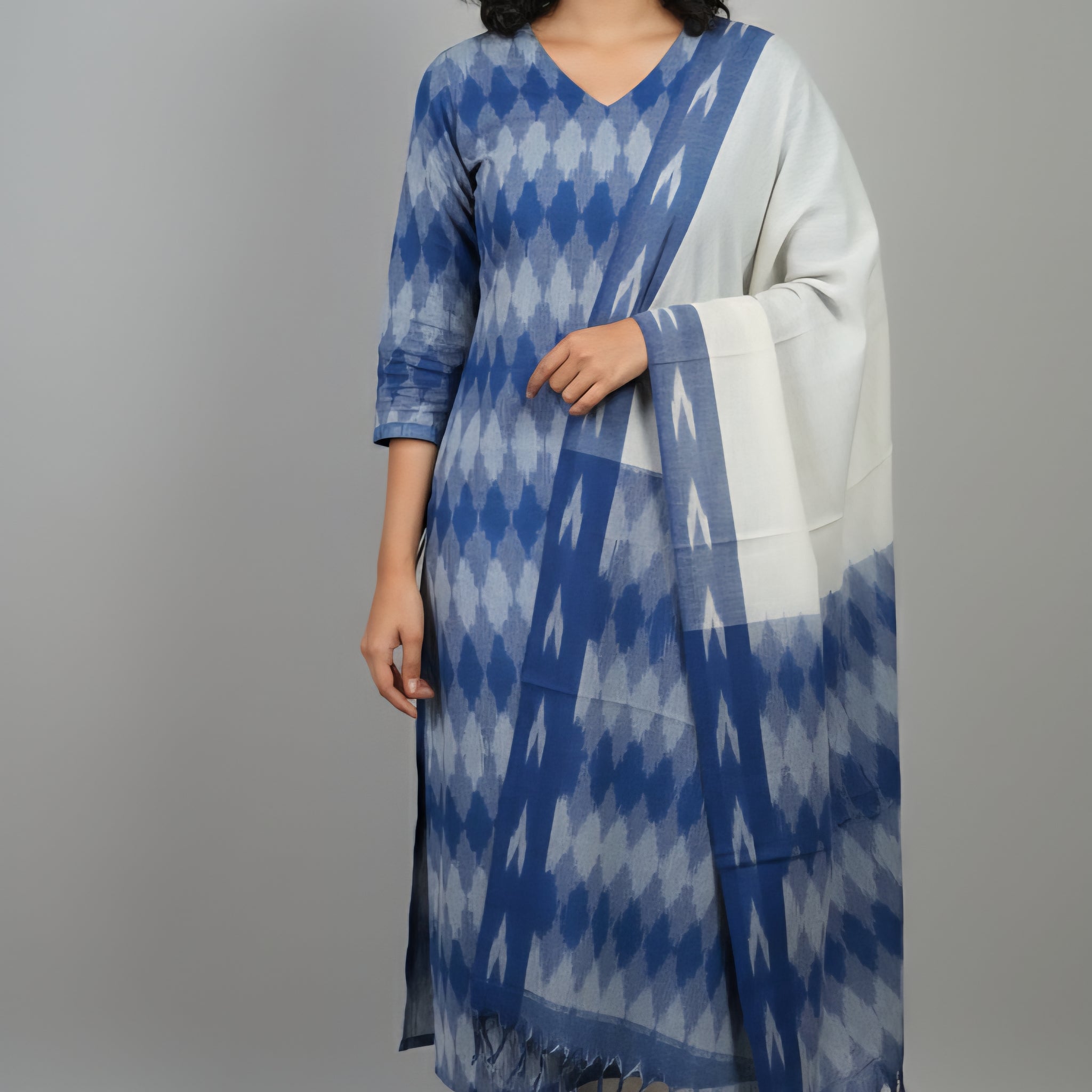 Blue - HANDLOOM COTTON 3PC POCHAMPALLY IKAT DRESS MATERIAL 21