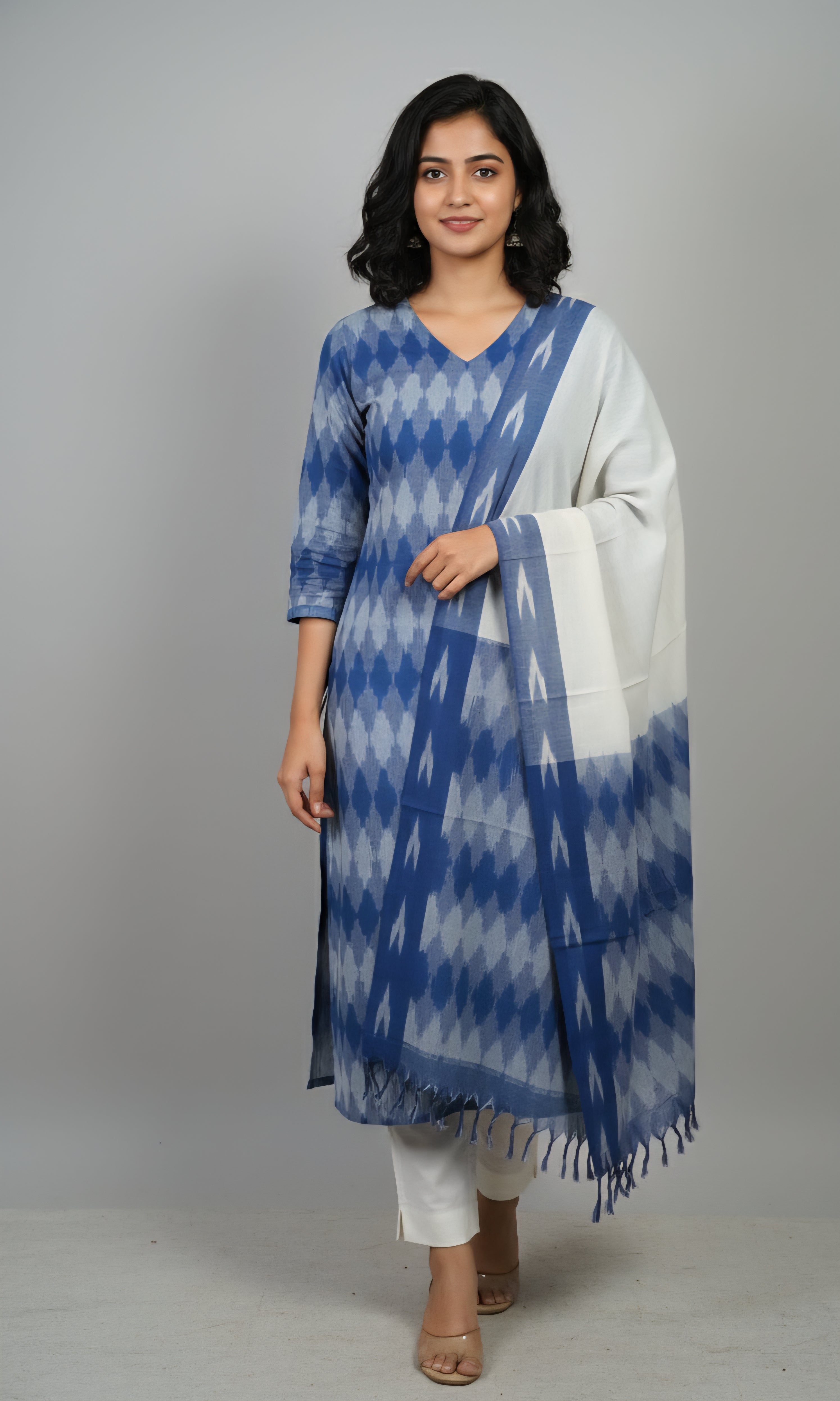 Blue - HANDLOOM COTTON 3PC POCHAMPALLY IKAT DRESS MATERIAL 21