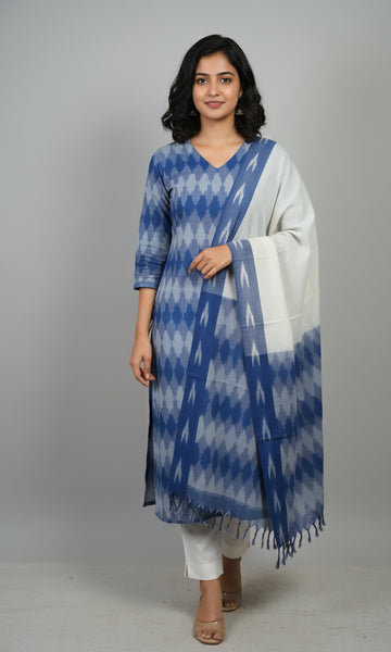 Blue - HANDLOOM COTTON 3PC POCHAMPALLY IKAT DRESS MATERIAL 21