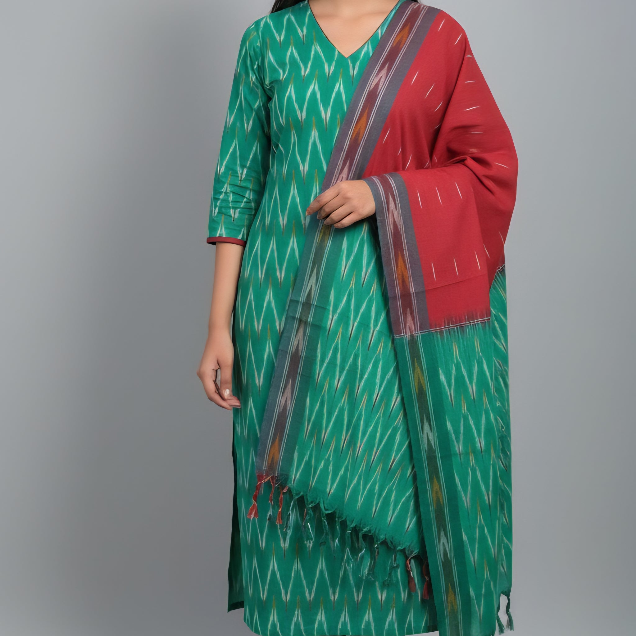 Green - HANDLOOM COTTON 3PC POCHAMPALLY IKAT DRESS MATERIAL 14