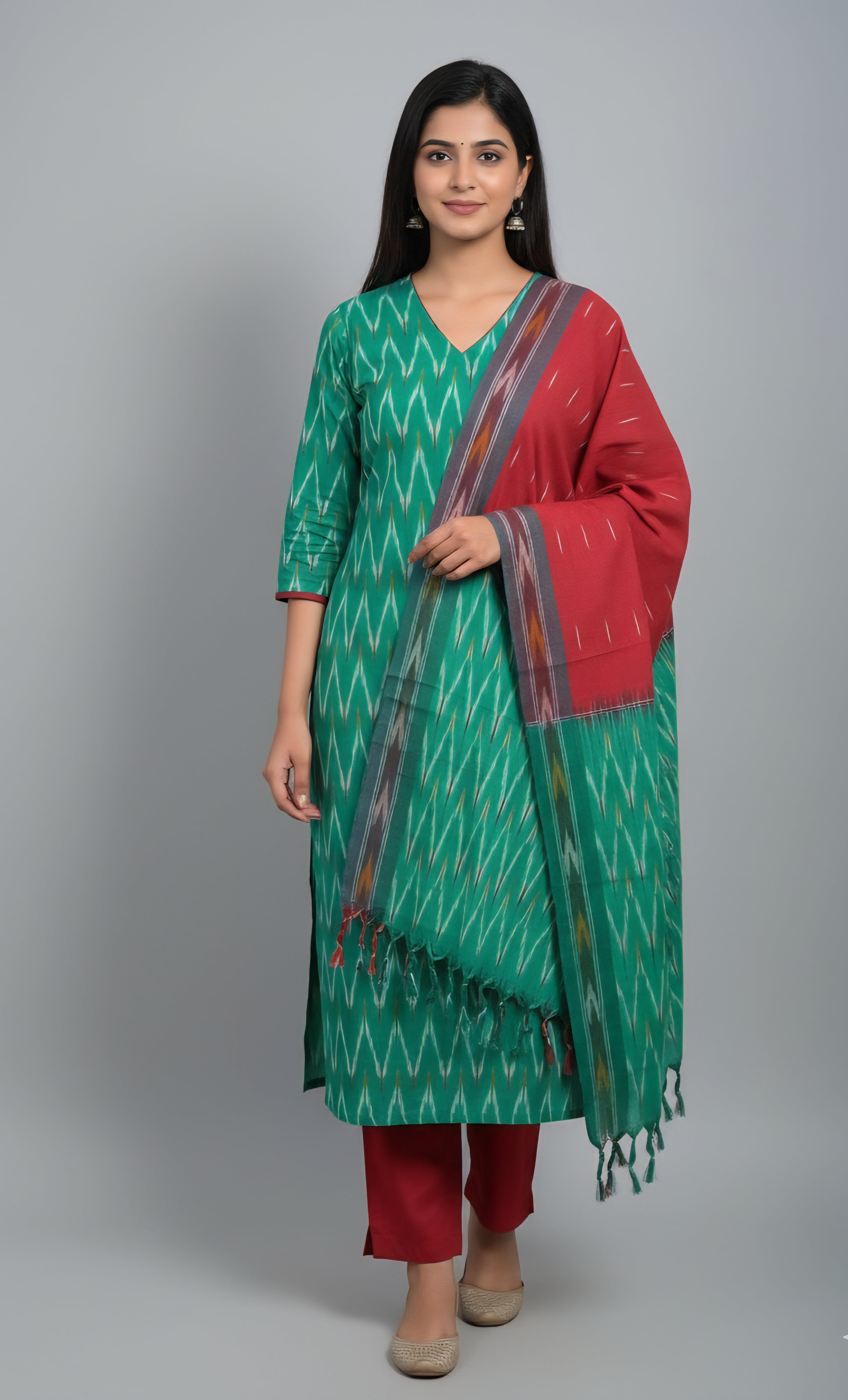 Green - HANDLOOM COTTON 3PC POCHAMPALLY IKAT DRESS MATERIAL 14
