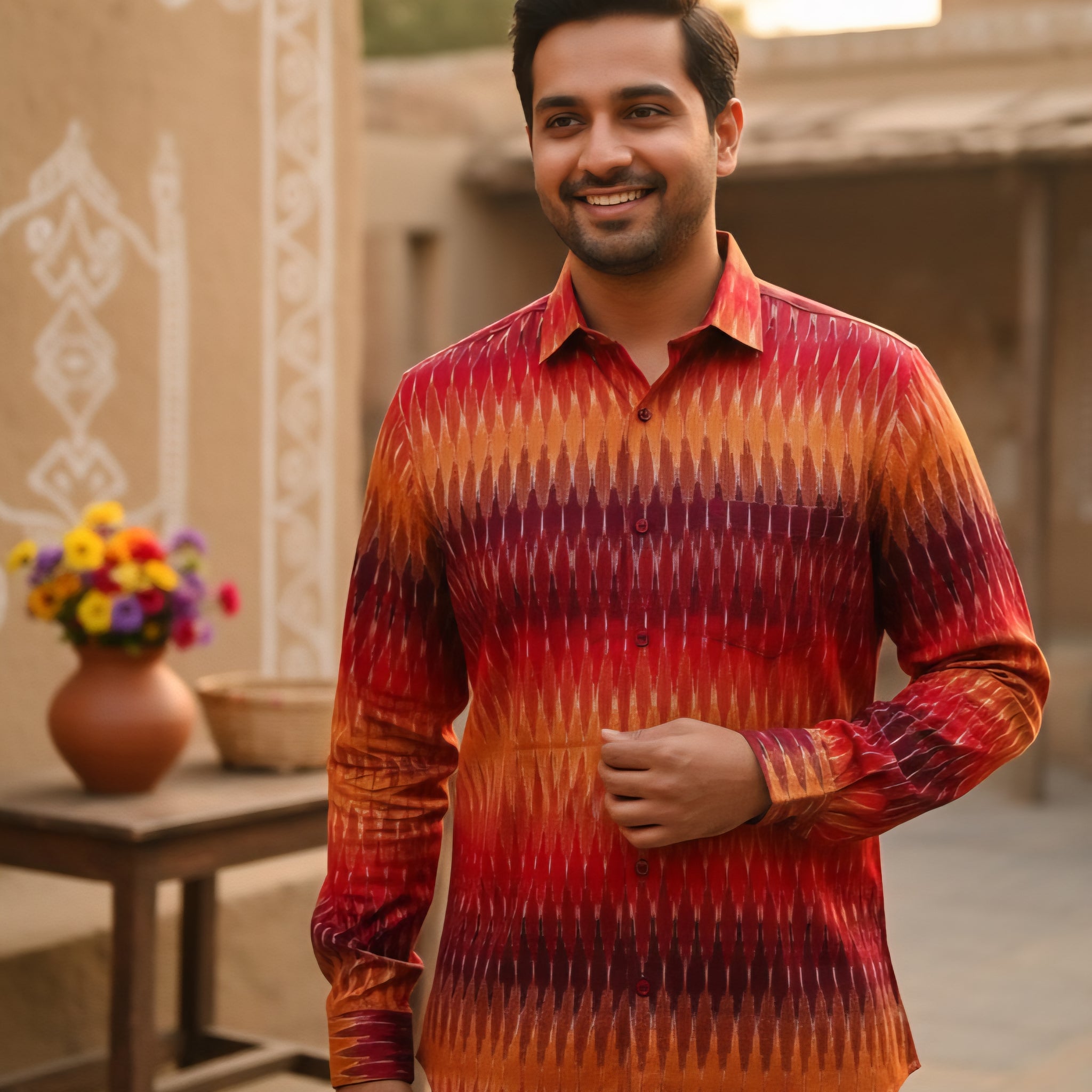 Red - FULL SLEEVE COTTON MEN POCHAMPALLY IKAT SHIRT 05