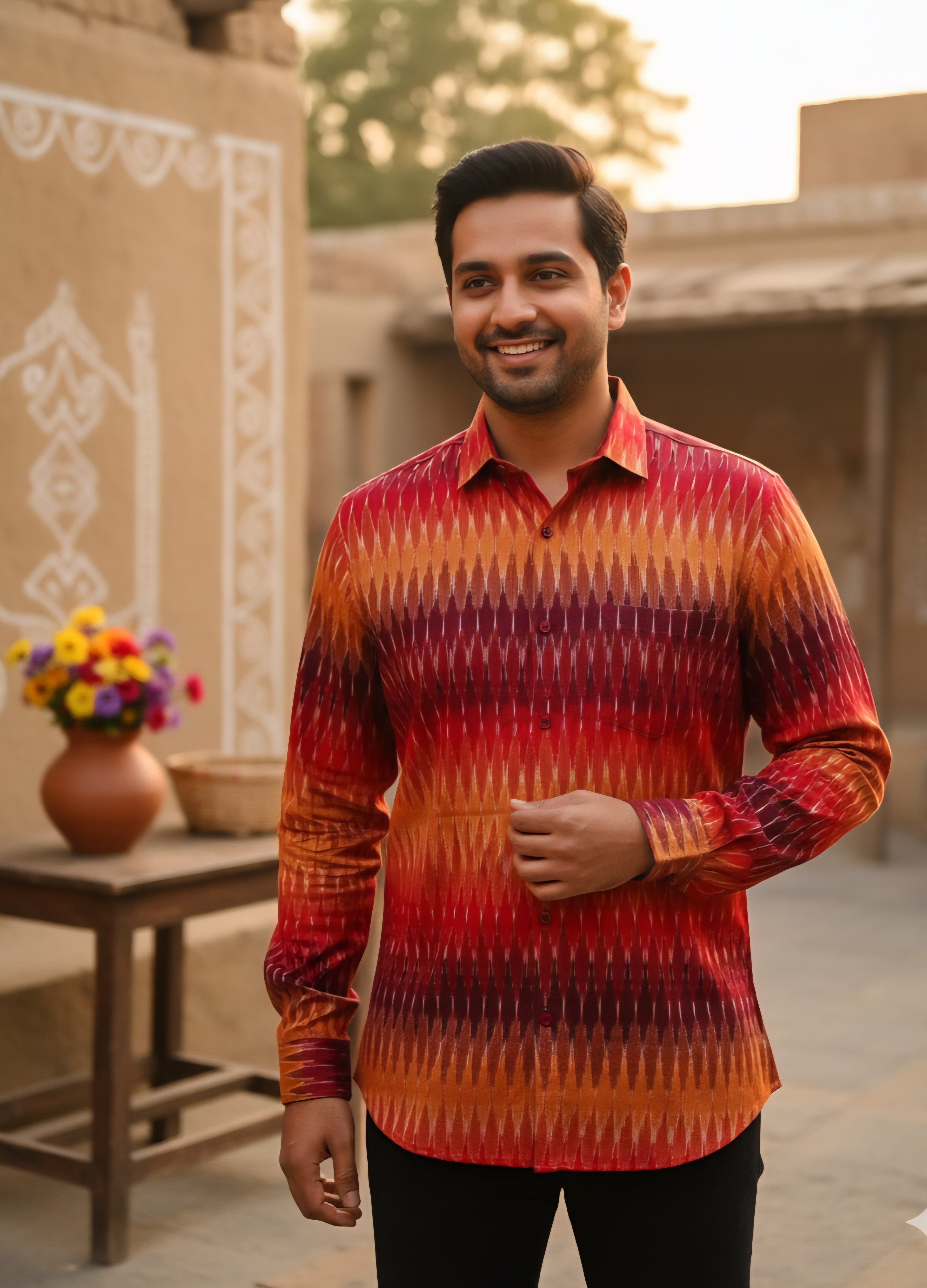 Red - FULL SLEEVE COTTON MEN POCHAMPALLY IKAT SHIRT 05