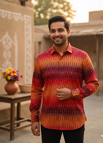 Red - FULL SLEEVE COTTON MEN POCHAMPALLY IKAT SHIRT 05