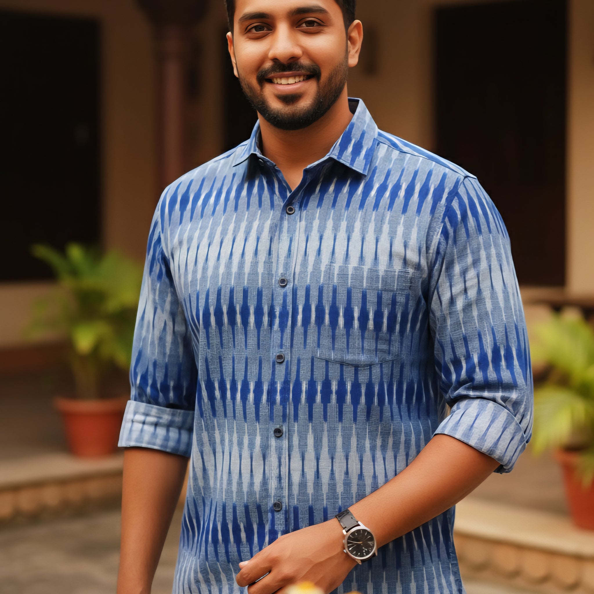 Blue - FULL SLEEVE COTTON MEN POCHAMPALLY IKAT SHIRT 03