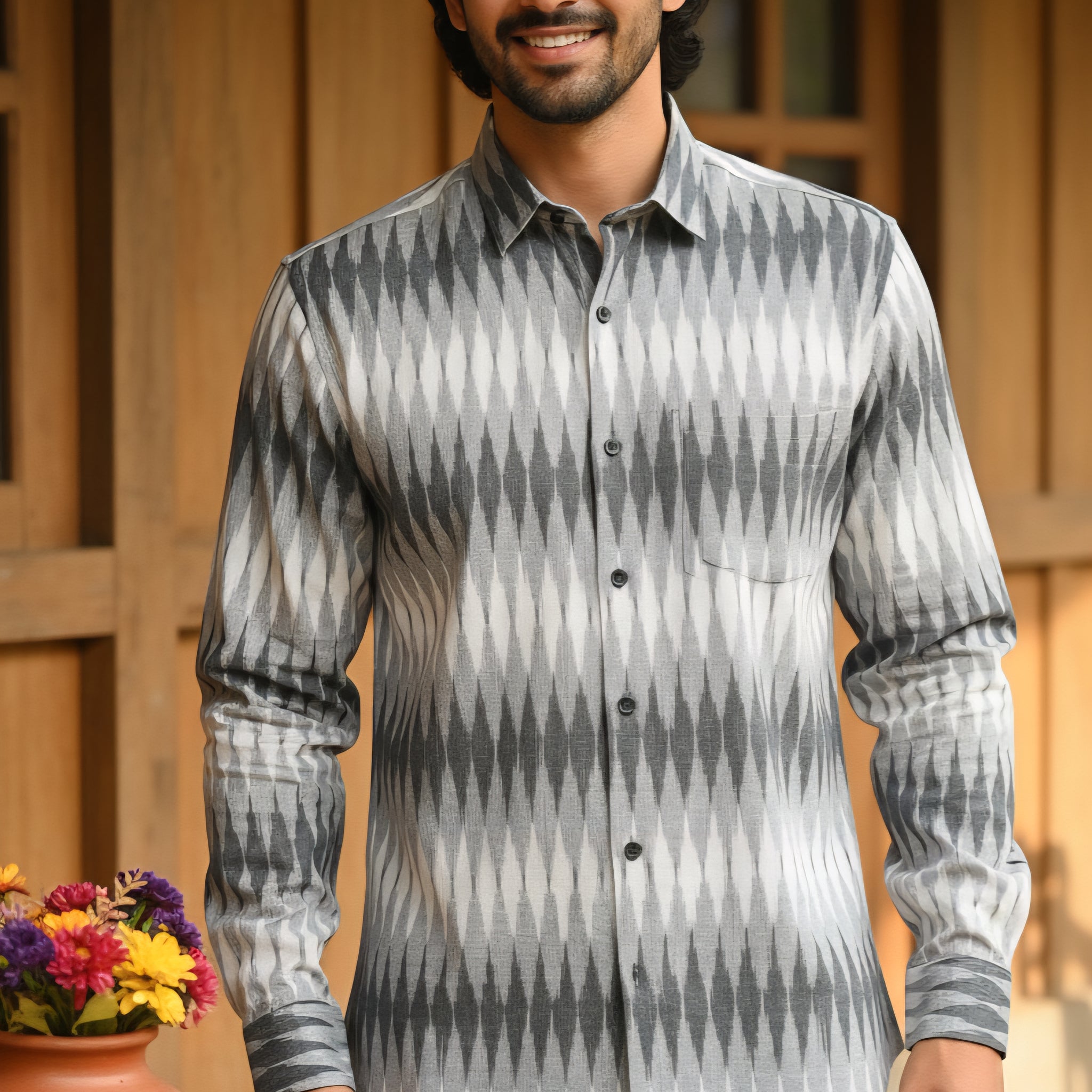 White - FULL SLEEVE COTTON MEN POCHAMPALLY IKAT SHIRT 02