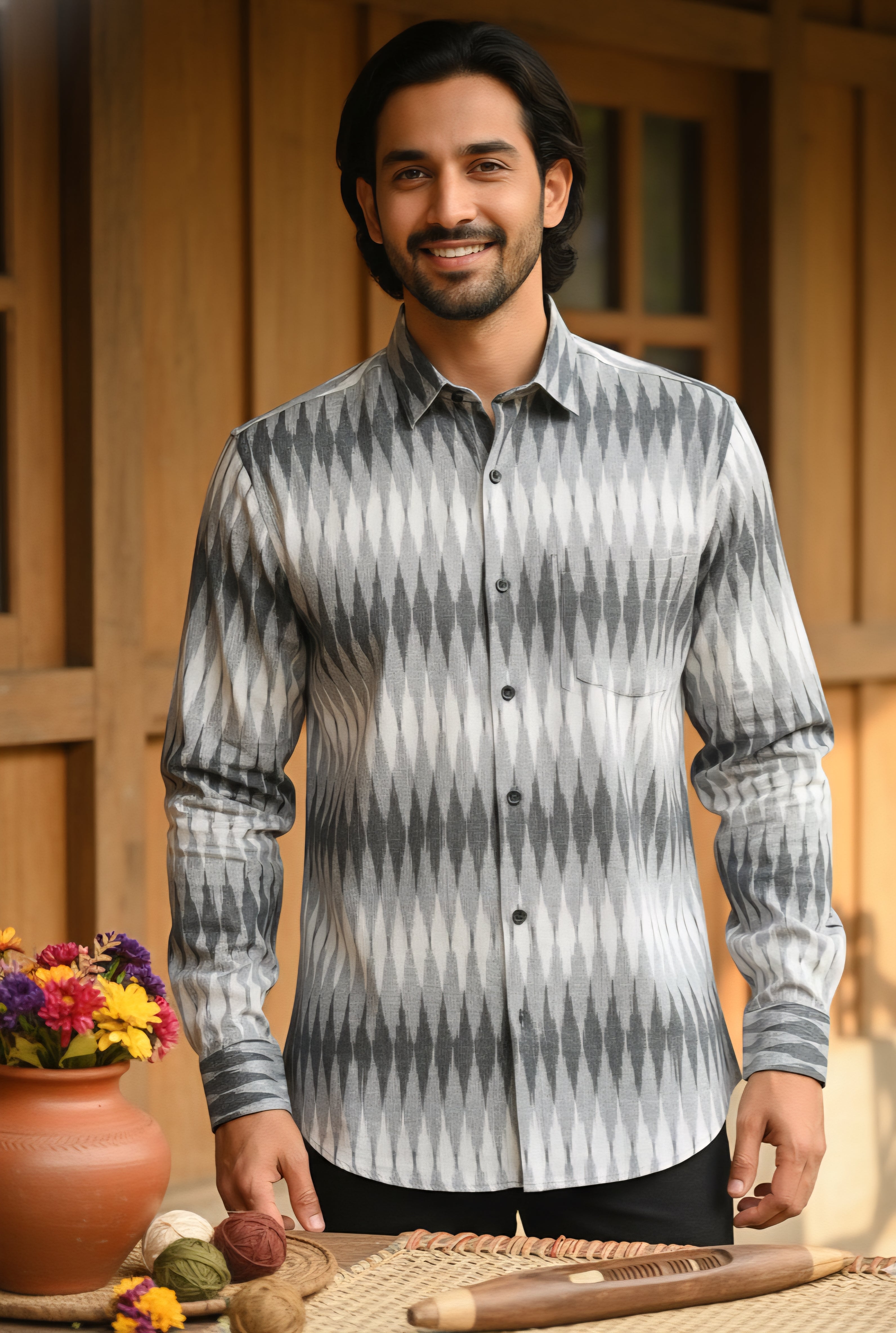 White - FULL SLEEVE COTTON MEN POCHAMPALLY IKAT SHIRT 02