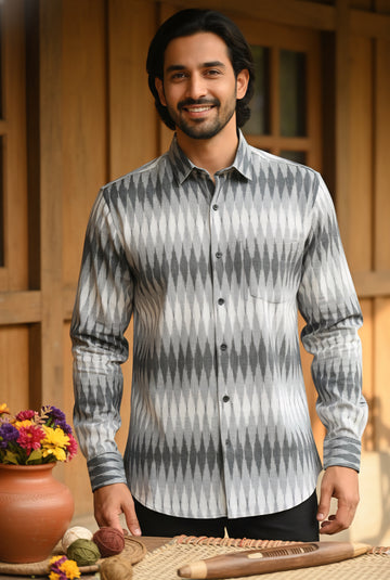 White - FULL SLEEVE COTTON MEN POCHAMPALLY IKAT SHIRT 02