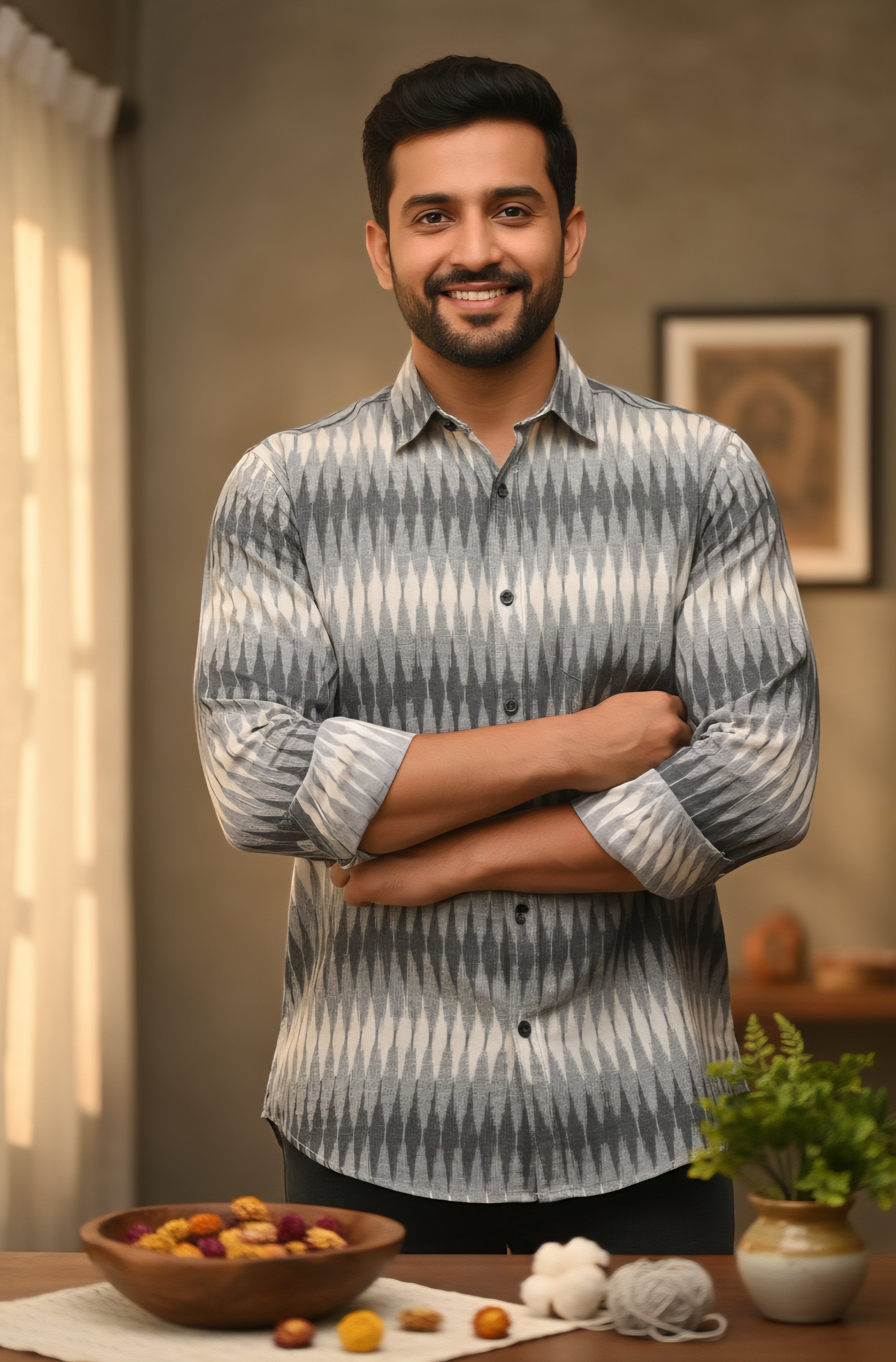 White - FULL SLEEVE COTTON MEN POCHAMPALLY IKAT SHIRT 02