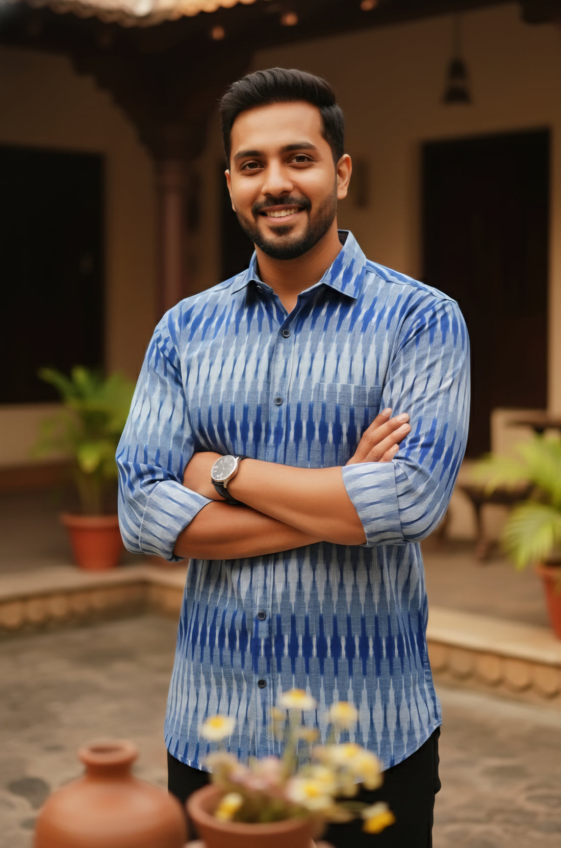 Blue - FULL SLEEVE COTTON MEN POCHAMPALLY IKAT SHIRT 03