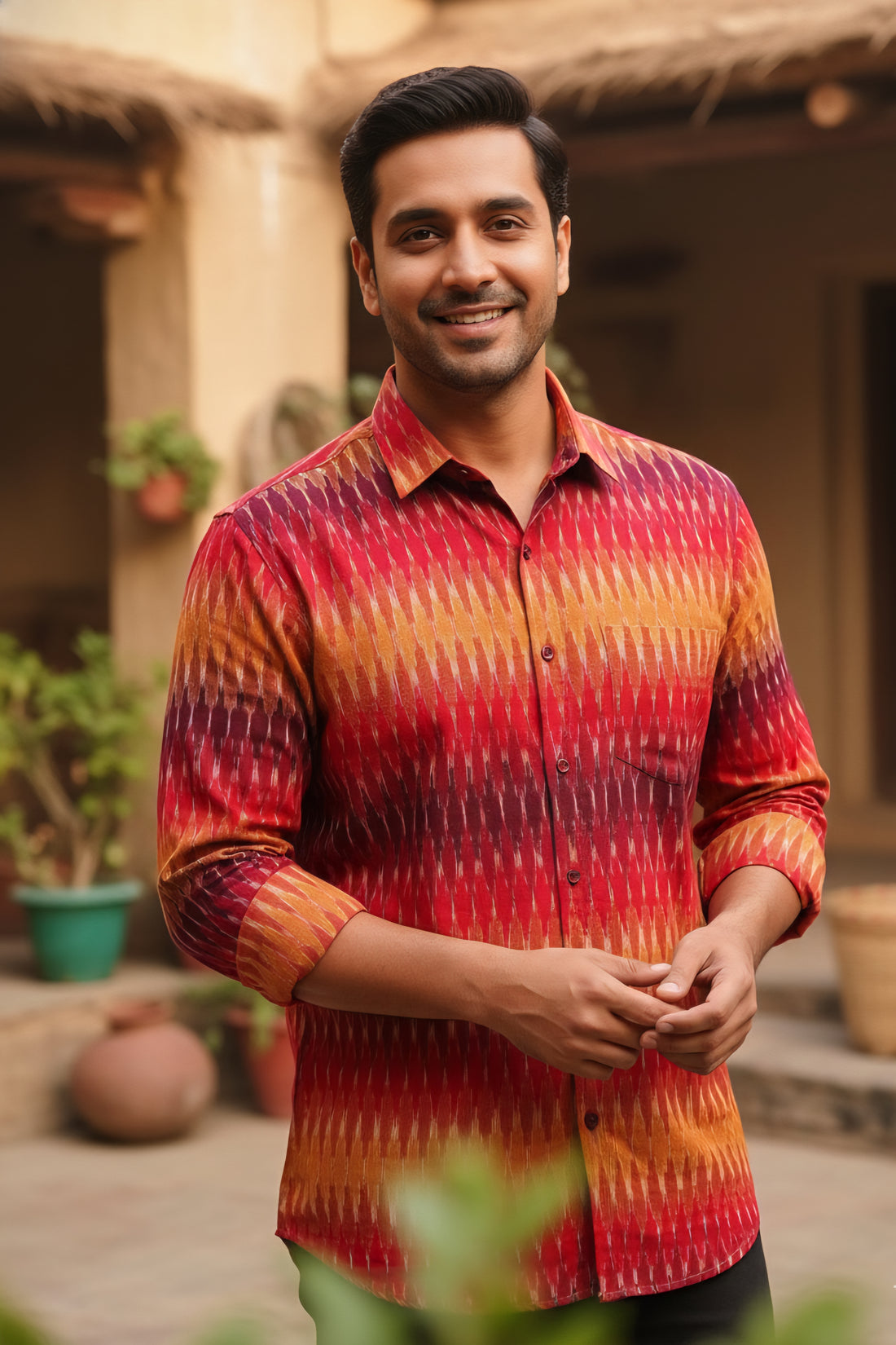 Red - FULL SLEEVE COTTON MEN POCHAMPALLY IKAT SHIRT 05