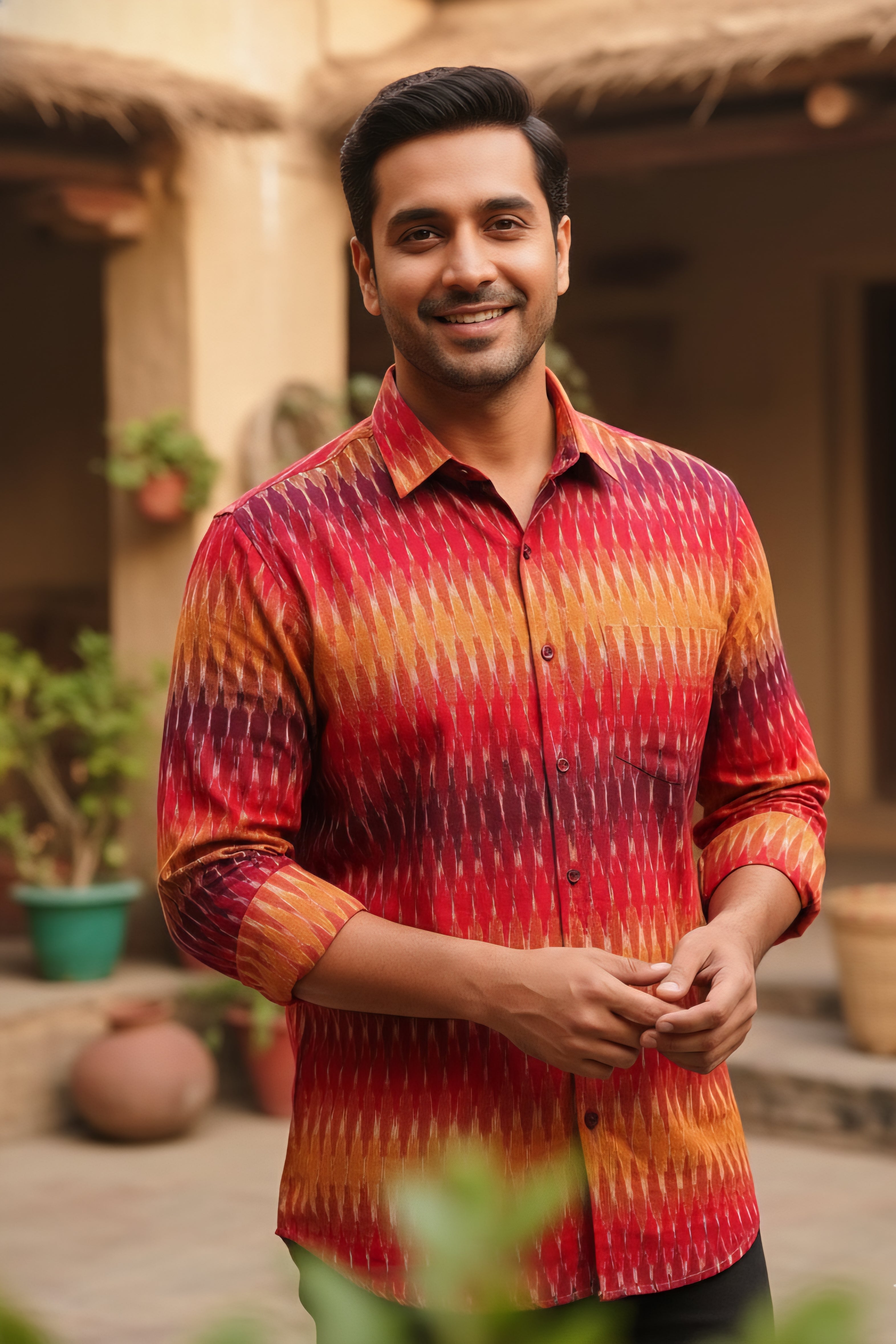 Red - FULL SLEEVE COTTON MEN POCHAMPALLY IKAT SHIRT 05
