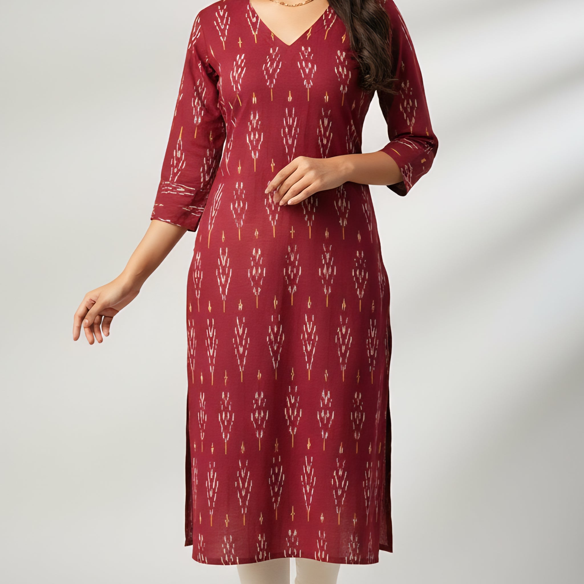 Brown - IKAT WEAVE COTTON LONG KURTA 13