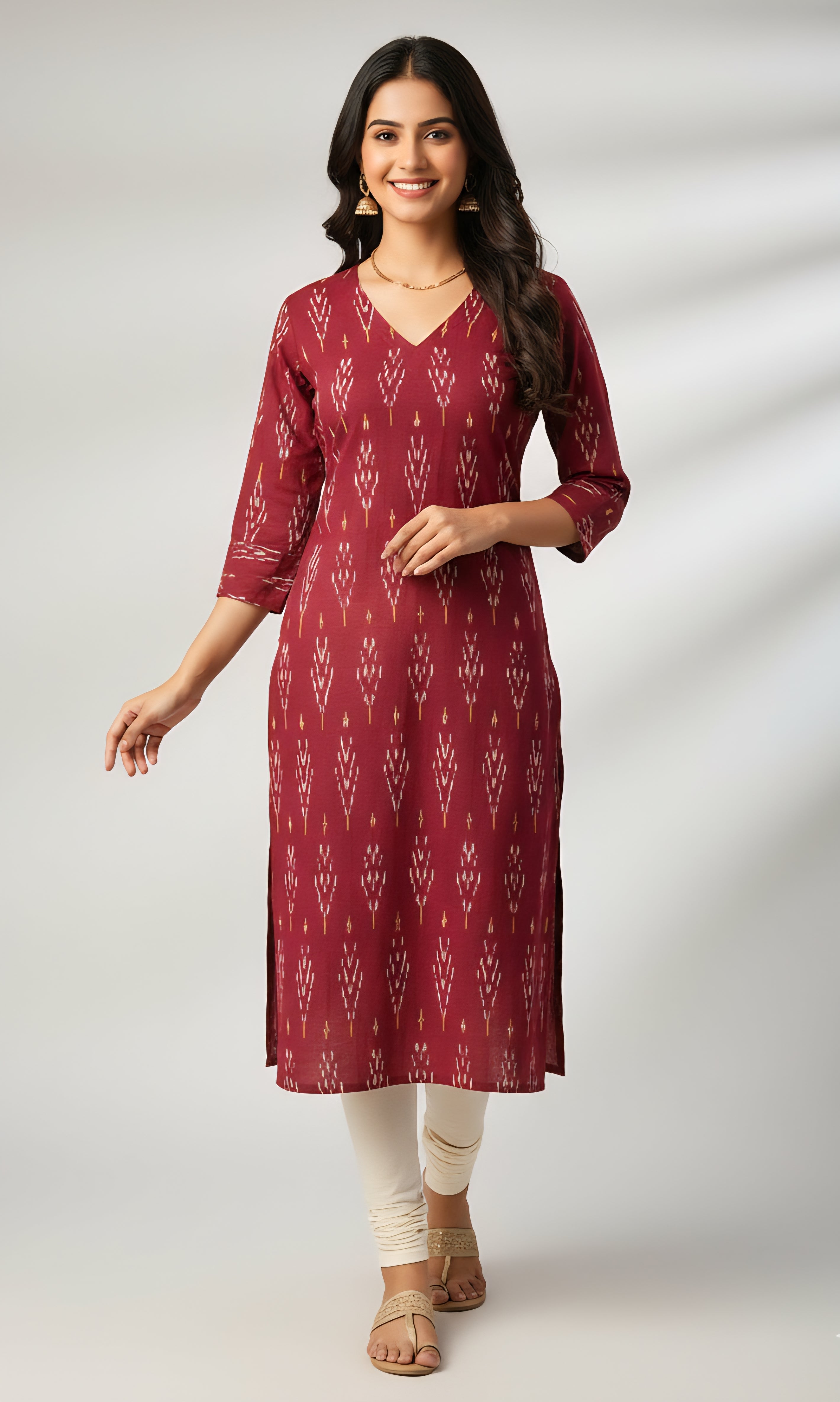 Brown - IKAT WEAVE COTTON LONG KURTA 13