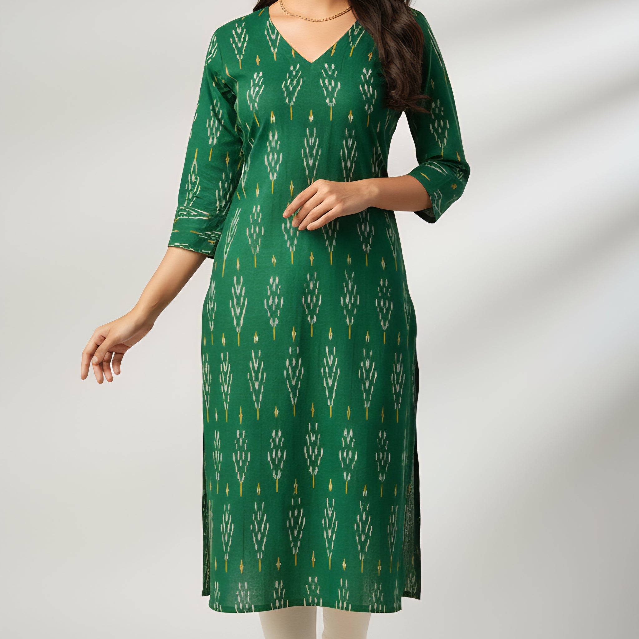 Green - IKAT WEAVE COTTON LONG KURTA 12