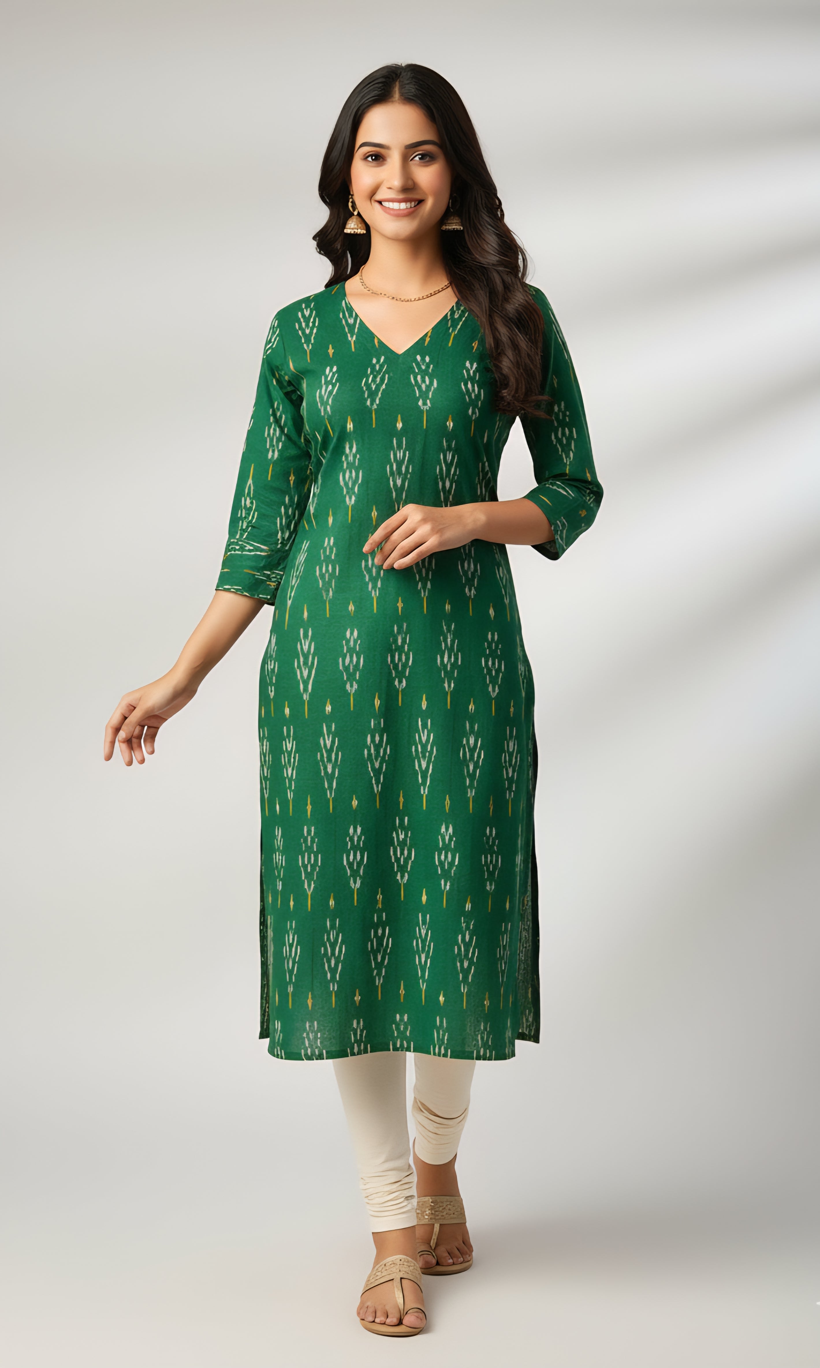 Green - IKAT WEAVE COTTON LONG KURTA 12