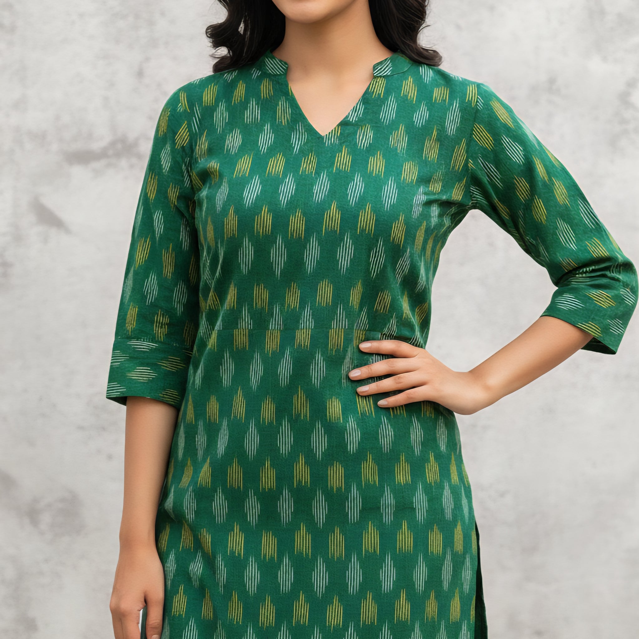 Green - IKAT WEAVE COTTON LONG KURTA 10