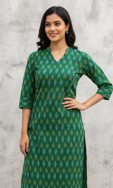 Green - IKAT WEAVE COTTON LONG KURTA 10