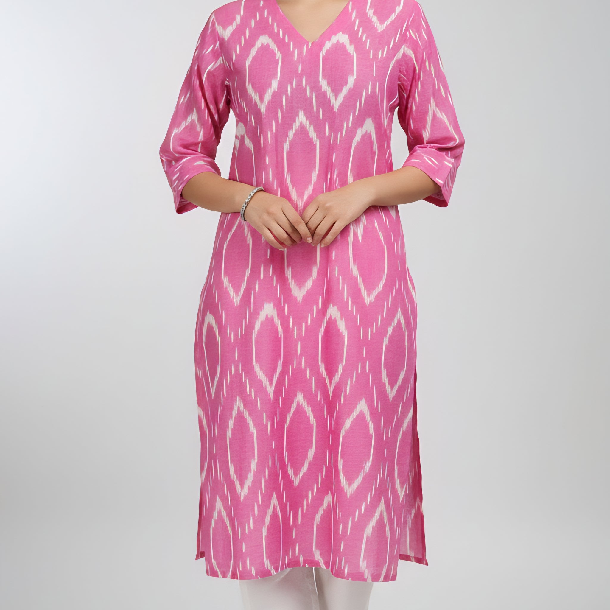 Pink - IKAT WEAVE COTTON LONG KURTA 09