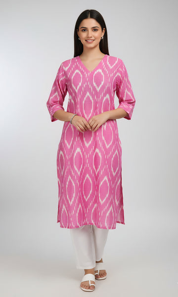 Pink - IKAT WEAVE COTTON LONG KURTA 09