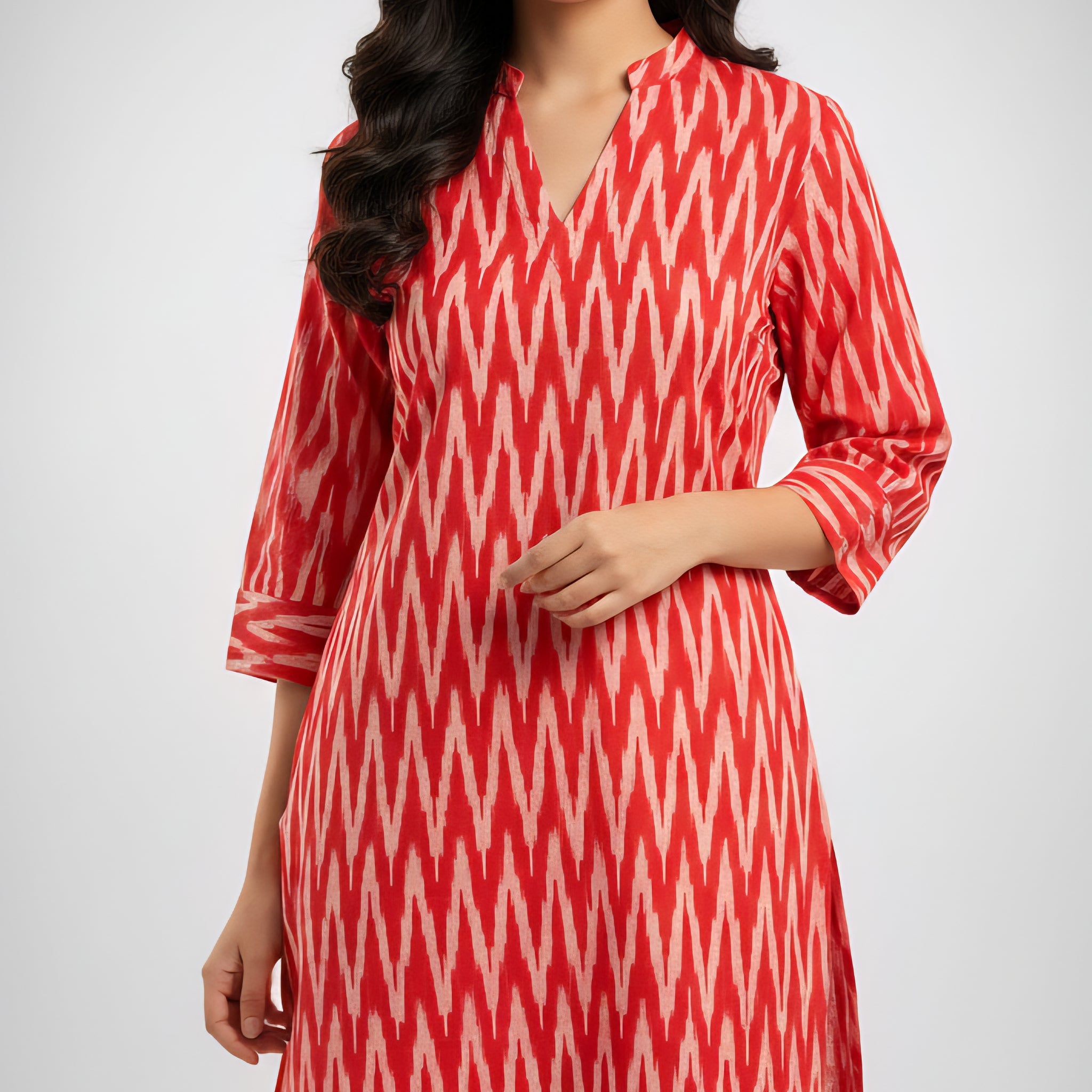 Red - IKAT WEAVE COTTON LONG KURTA 07