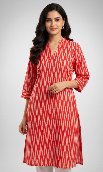 Red - IKAT WEAVE COTTON LONG KURTA 07