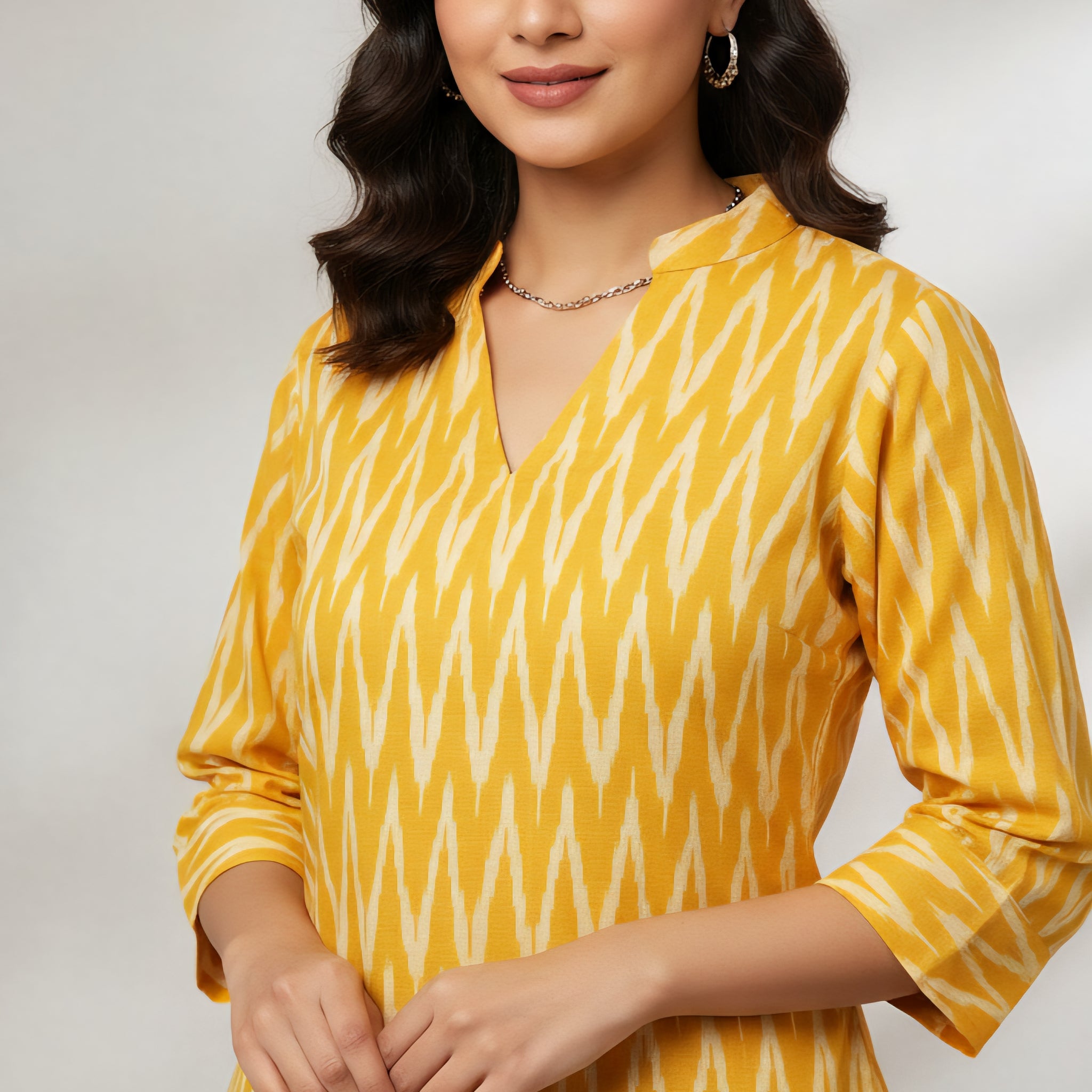 Yellow - IKAT WEAVE COTTON LONG KURTA 06