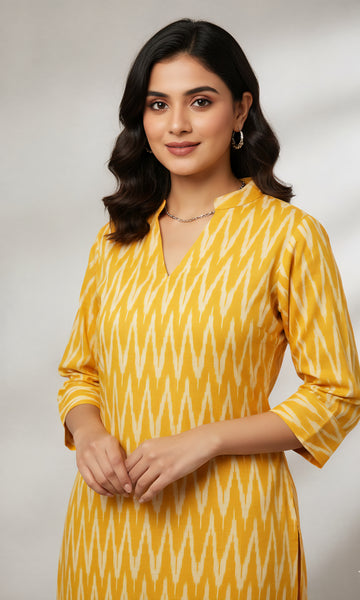 Yellow - IKAT WEAVE COTTON LONG KURTA 06