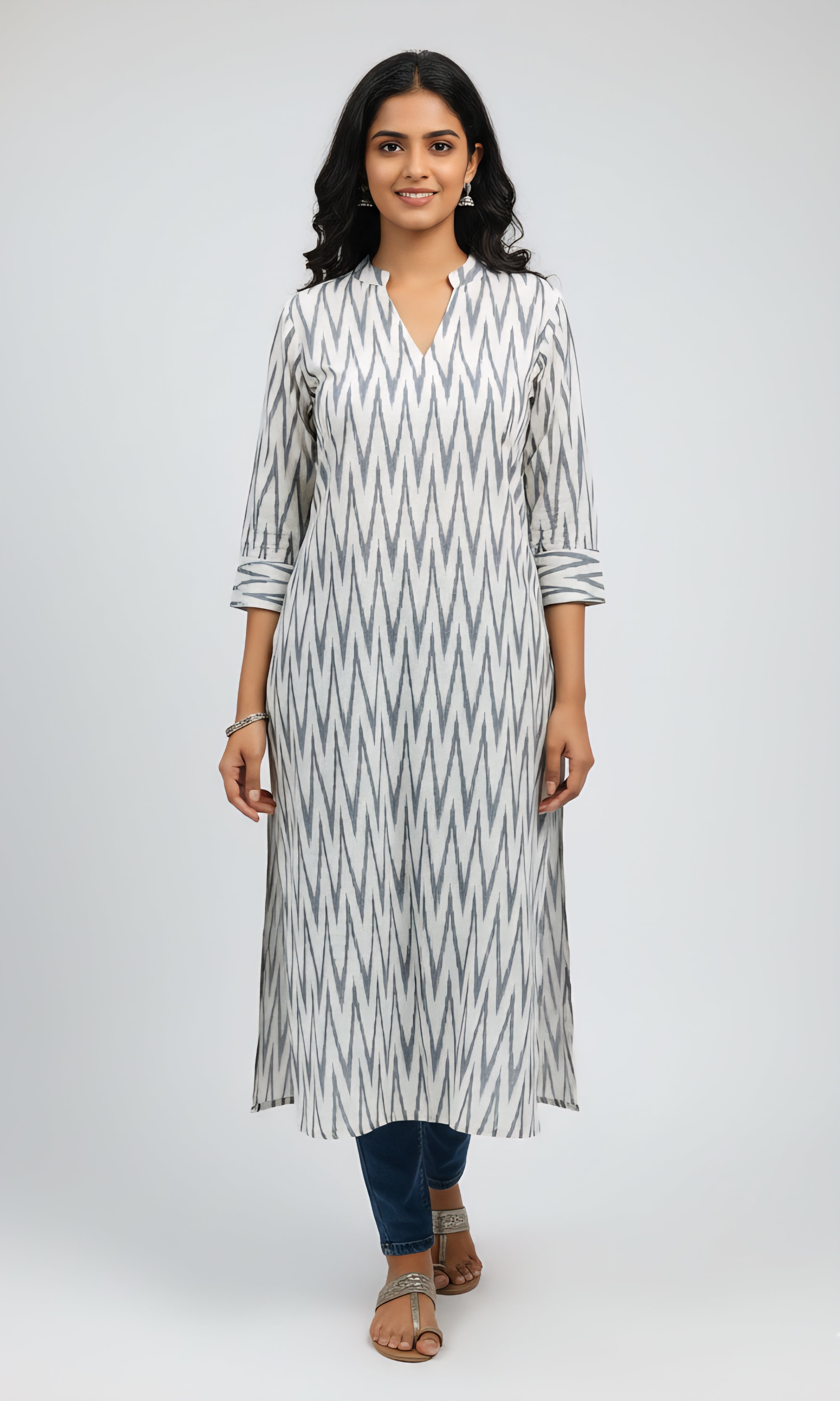 White - IKAT WEAVE COTTON LONG KURTA 04