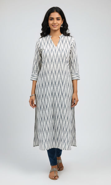 White - IKAT WEAVE COTTON LONG KURTA 04