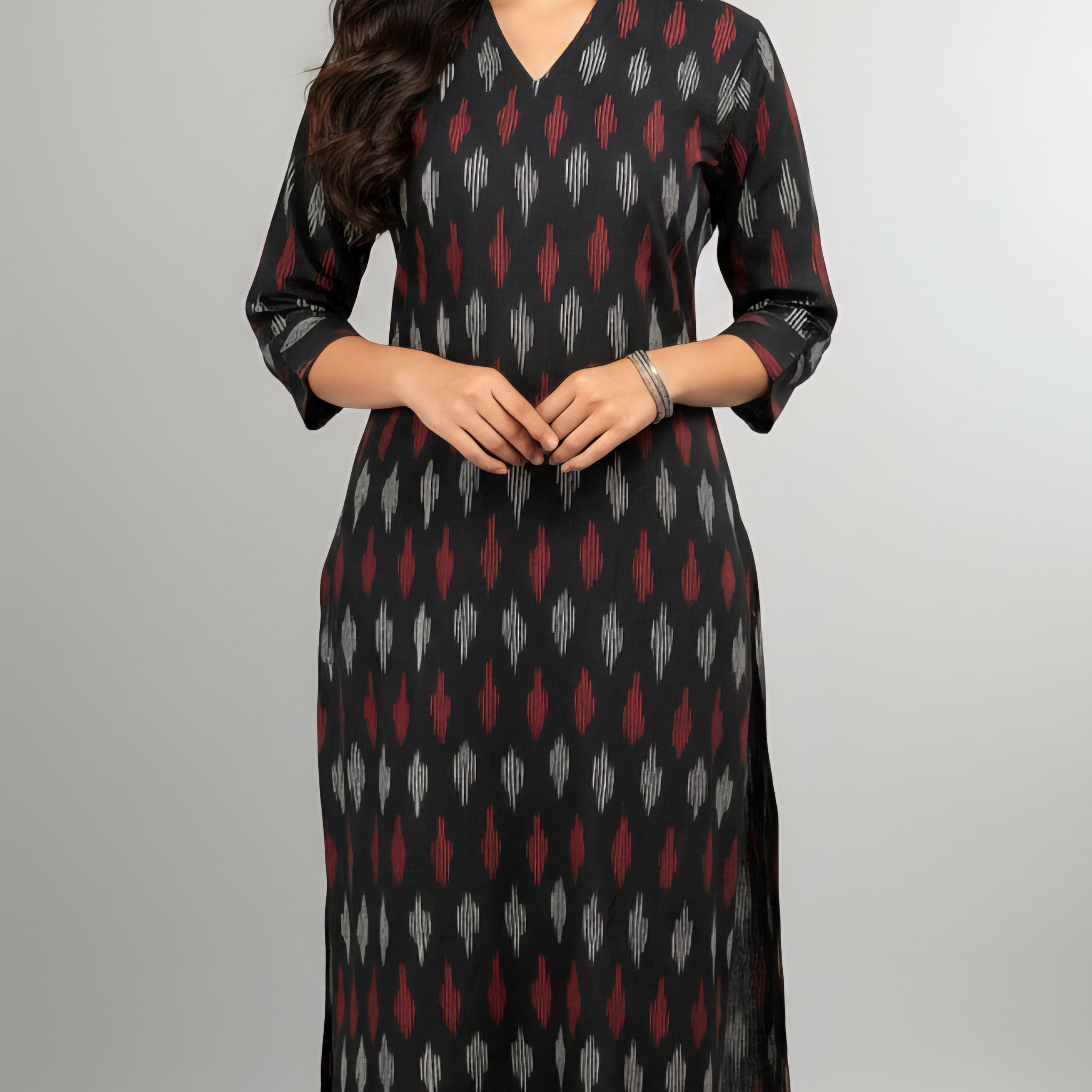 Black - IKAT WEAVE COTTON LONG KURTA 03