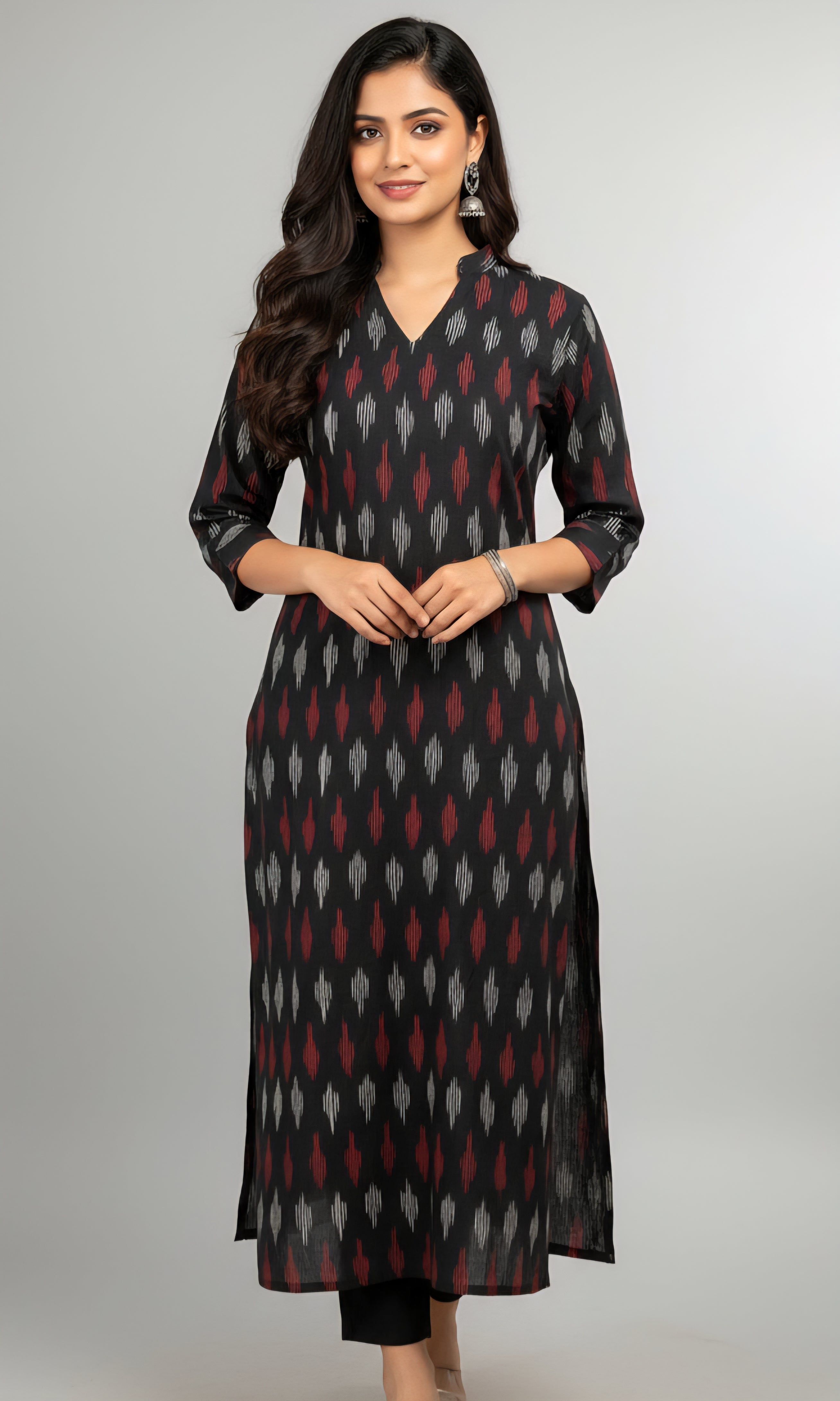 Black - IKAT WEAVE COTTON LONG KURTA 03