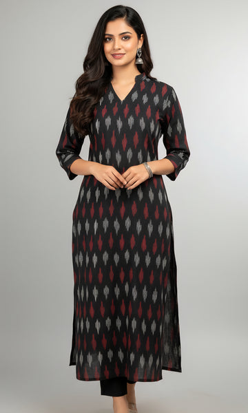 Black - IKAT WEAVE COTTON LONG KURTA 03