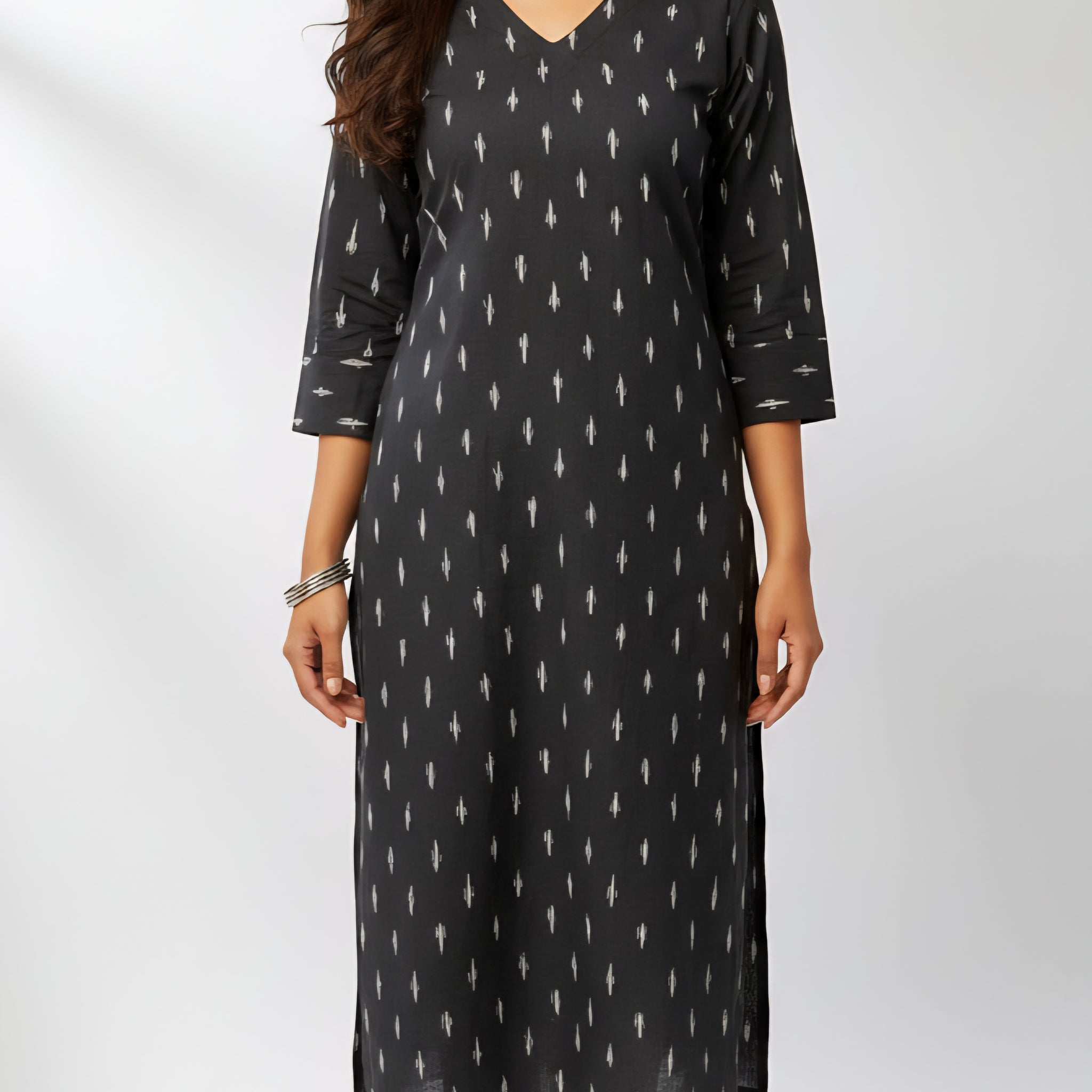 Black - IKAT WEAVE COTTON LONG KURTA 02