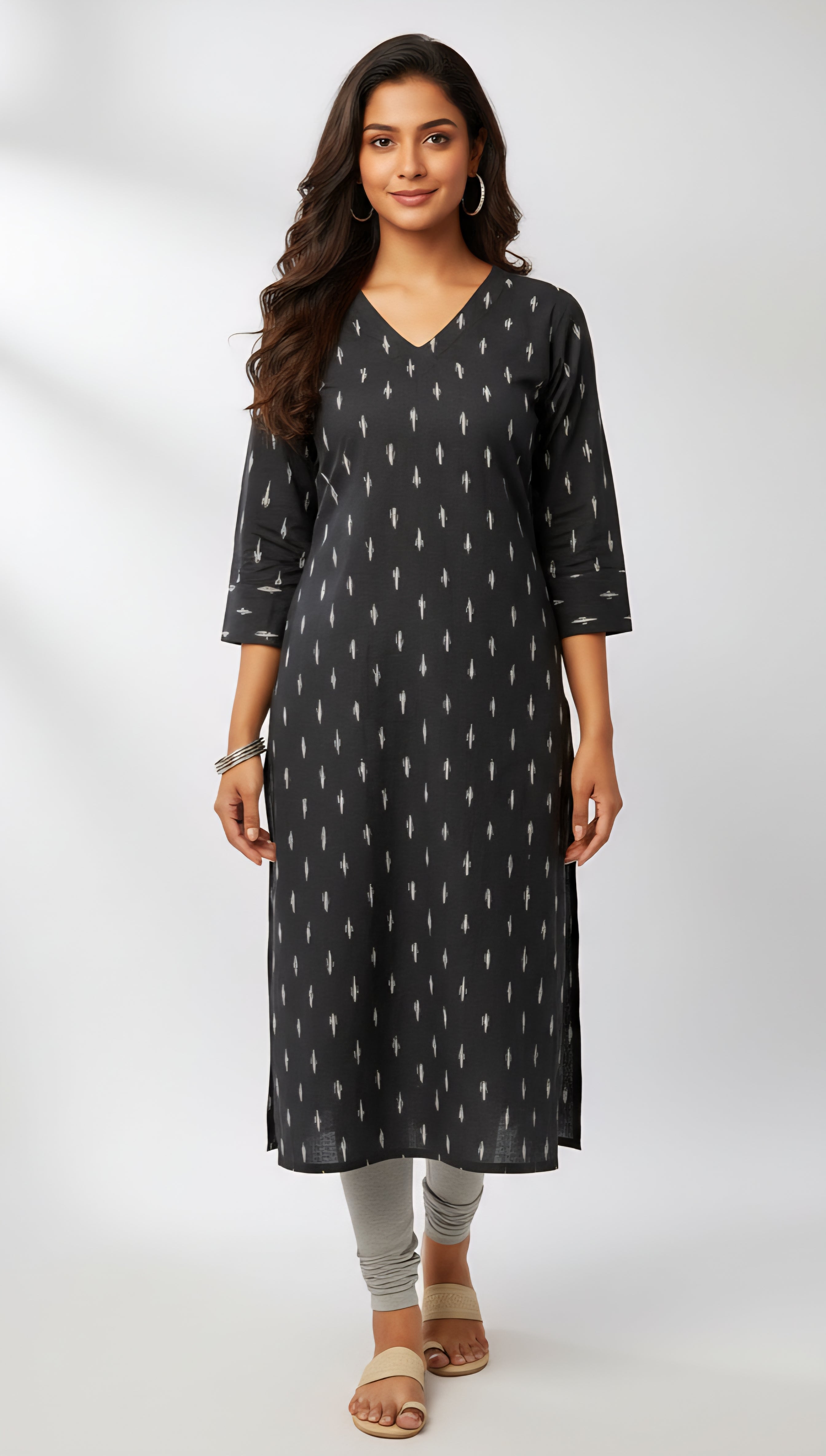 Black - IKAT WEAVE COTTON LONG KURTA 02