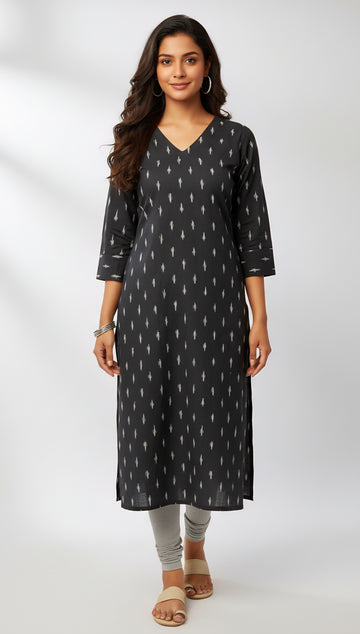 Black - IKAT WEAVE COTTON LONG KURTA 02