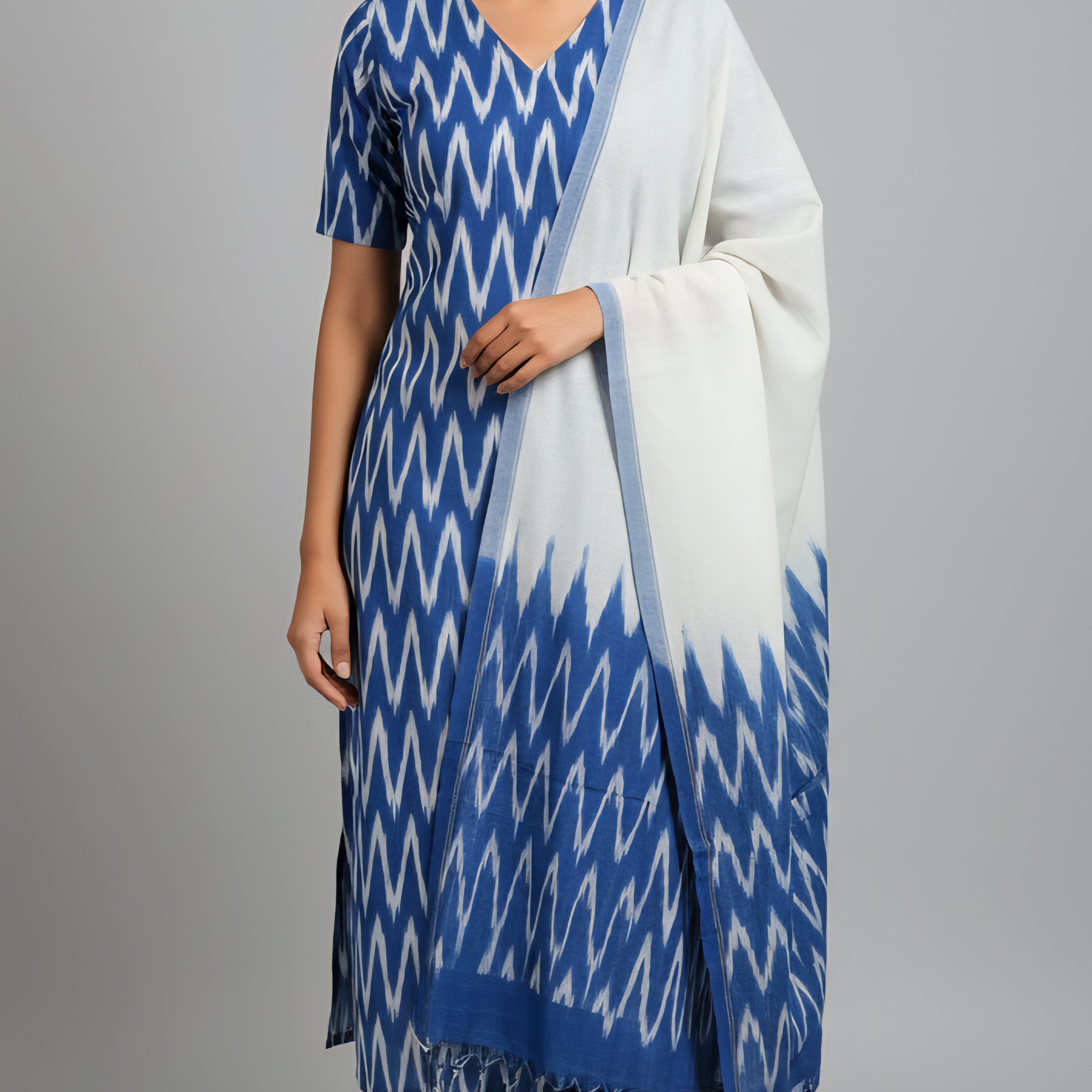 Blue - HANDLOOM COTTON 3PC POCHAMPALLY IKAT DRESS MATERIAL 02