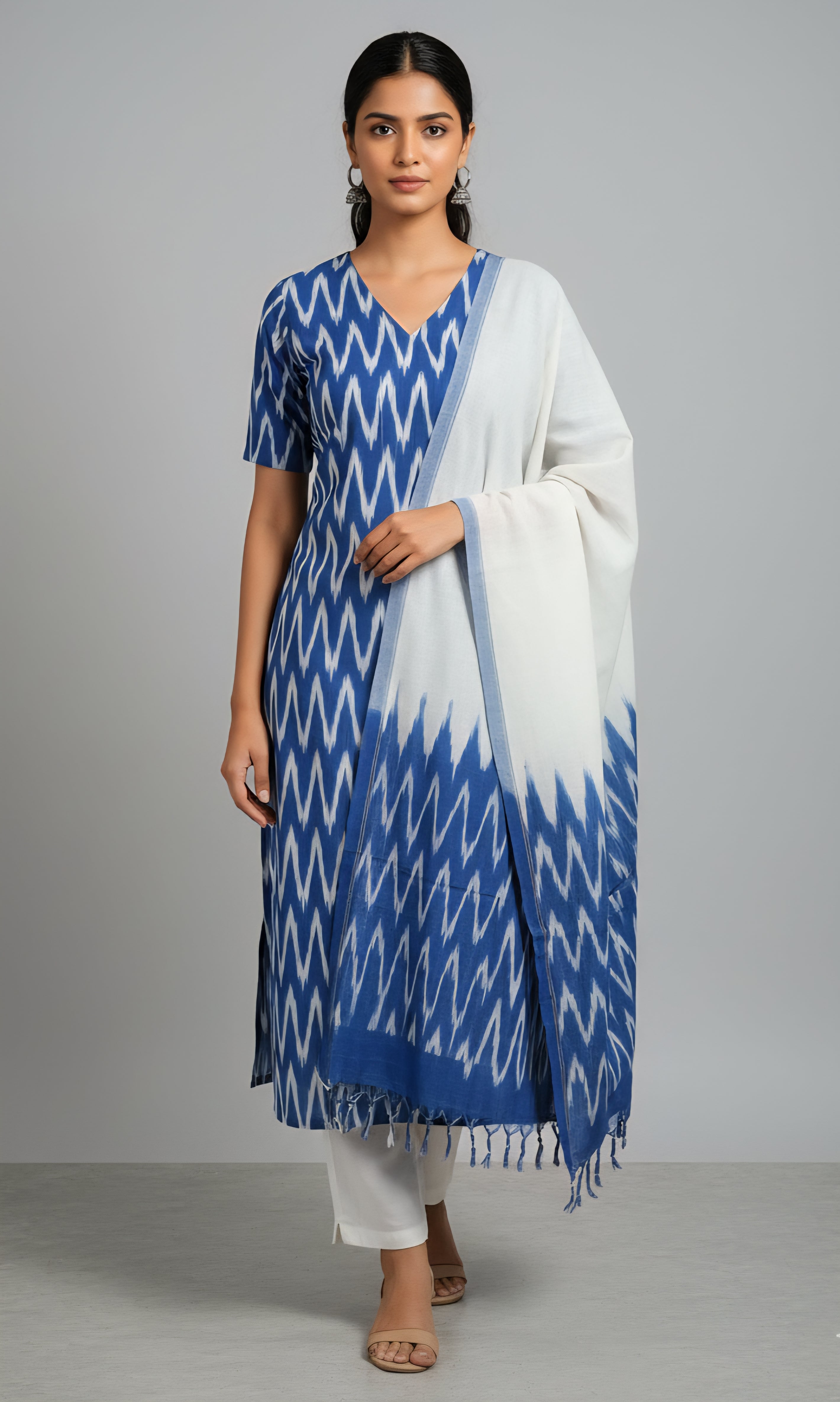 Blue - HANDLOOM COTTON 3PC POCHAMPALLY IKAT DRESS MATERIAL 02