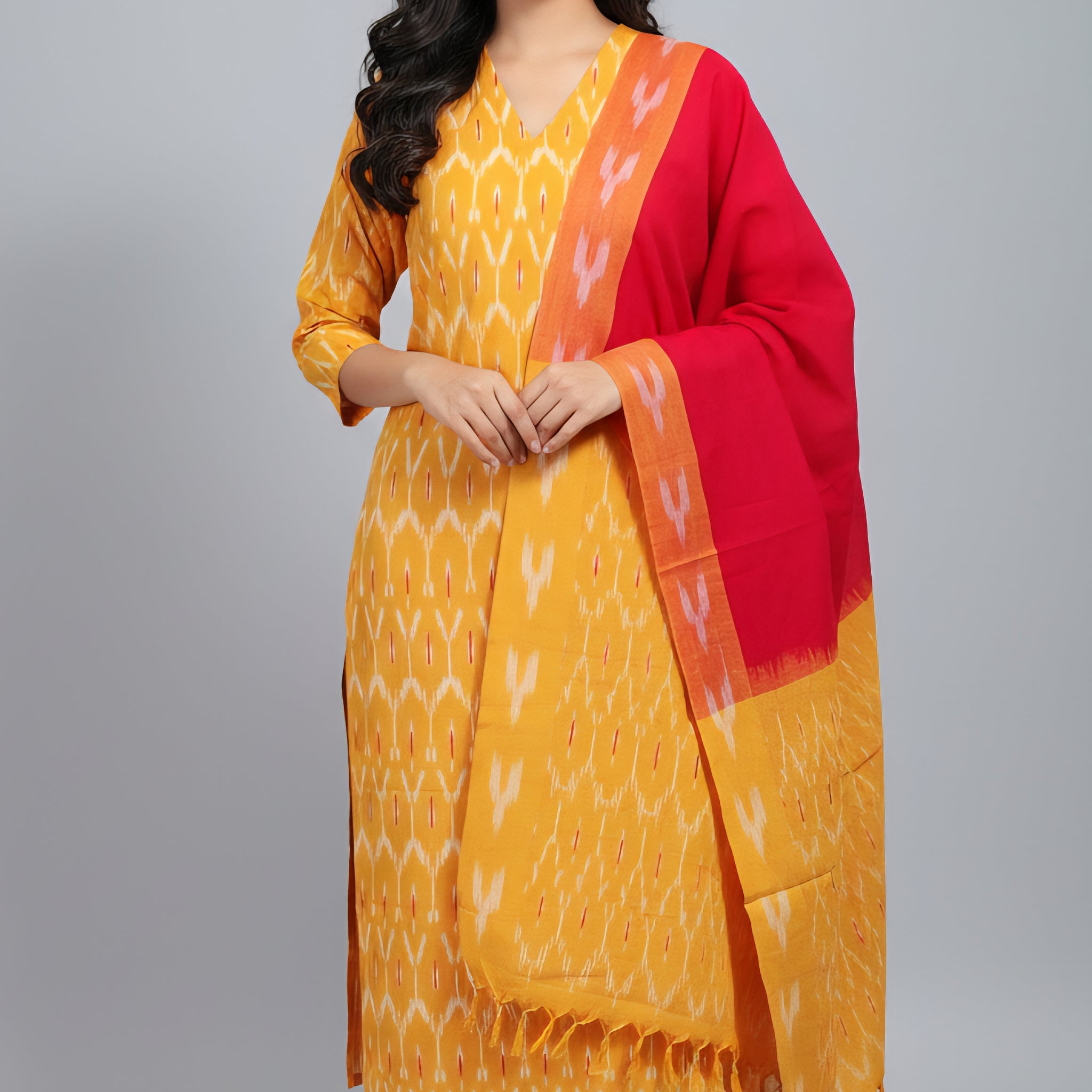 Yellow - HANDLOOM COTTON 3PC POCHAMPALLY IKAT DRESS MATERIAL 01