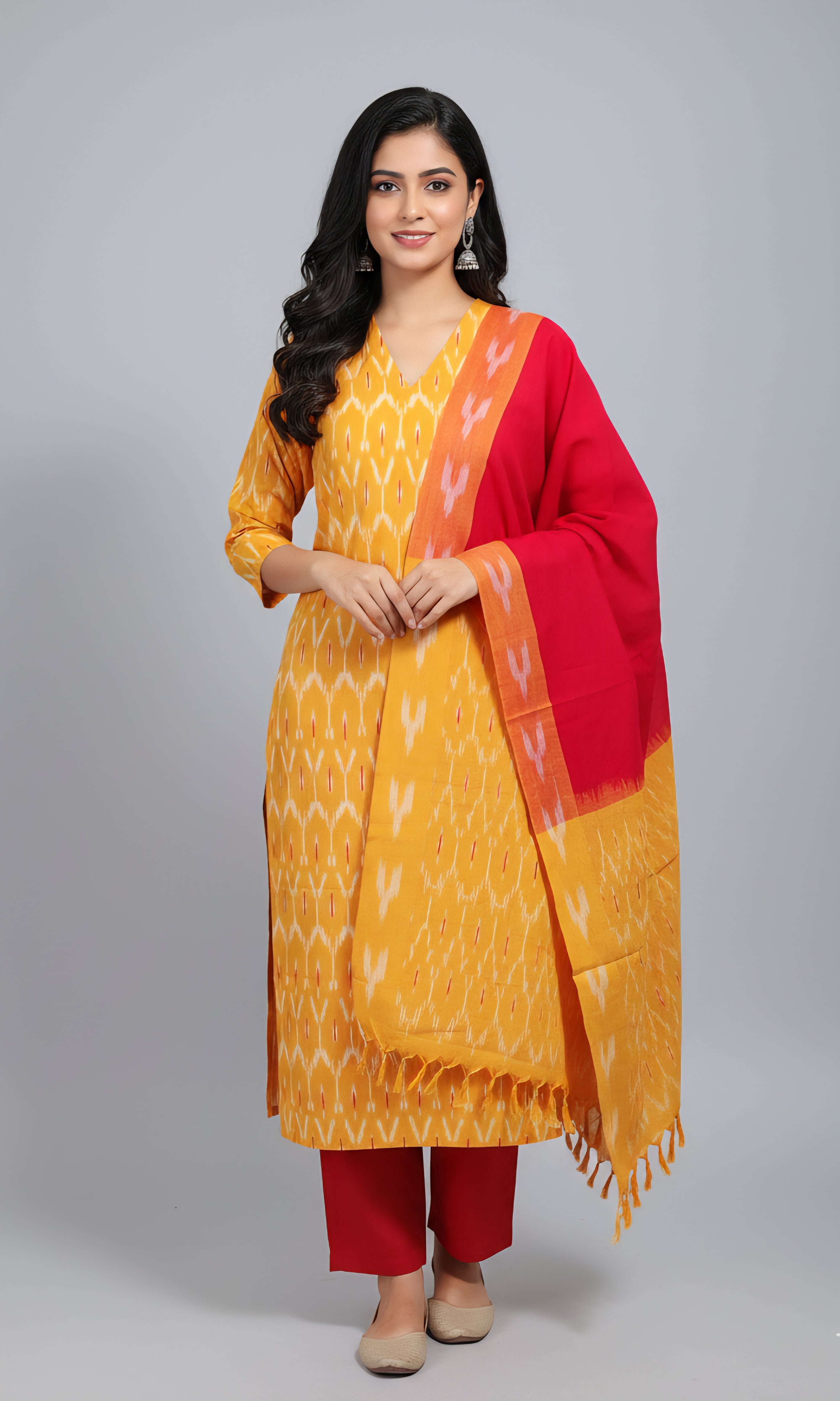 Yellow - HANDLOOM COTTON 3PC POCHAMPALLY IKAT DRESS MATERIAL 01