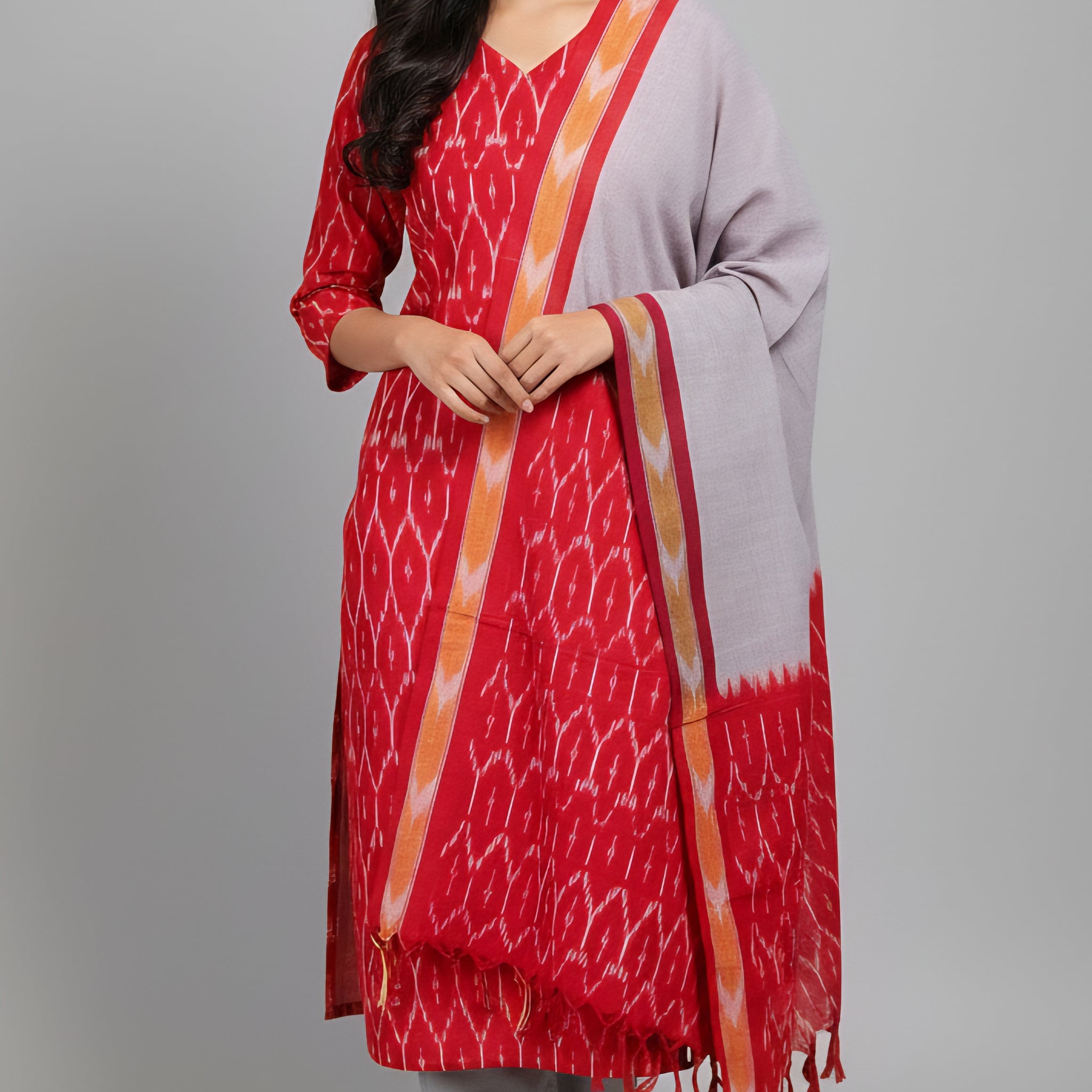 Red - HANDLOOM COTTON 3PC POCHAMPALLY IKAT DRESS MATERIAL 22