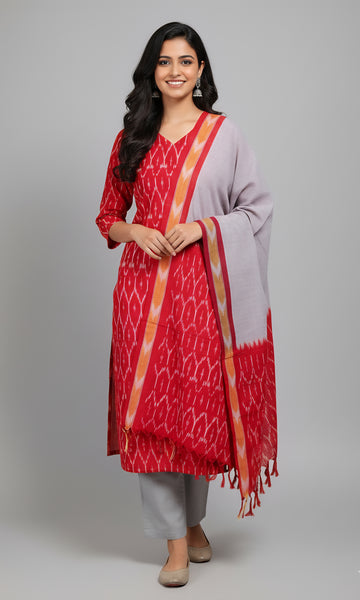 Red - HANDLOOM COTTON 3PC POCHAMPALLY IKAT DRESS MATERIAL 22