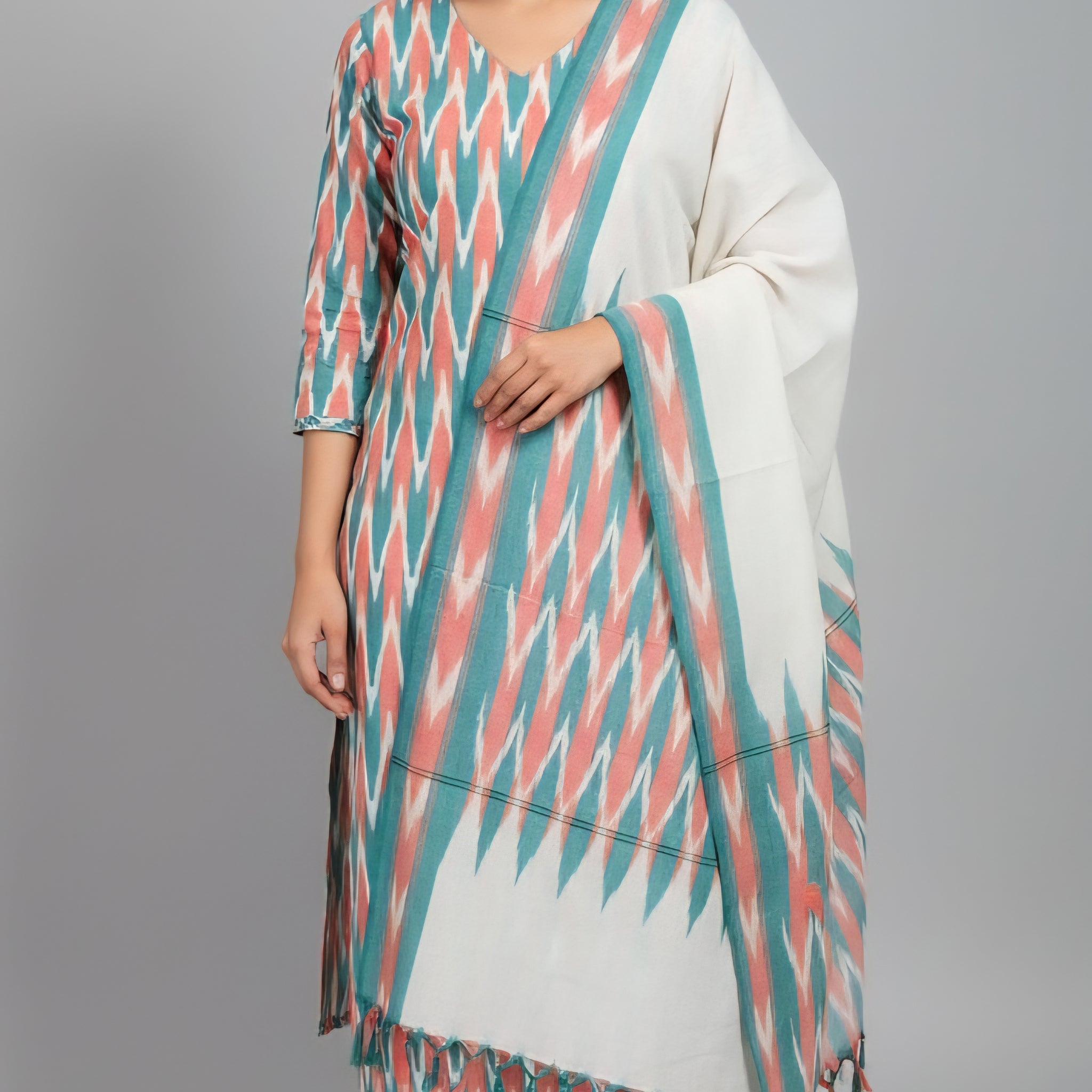 Multicolor - HANDLOOM COTTON 3PC POCHAMPALLY IKAT DRESS MATERIAL 24