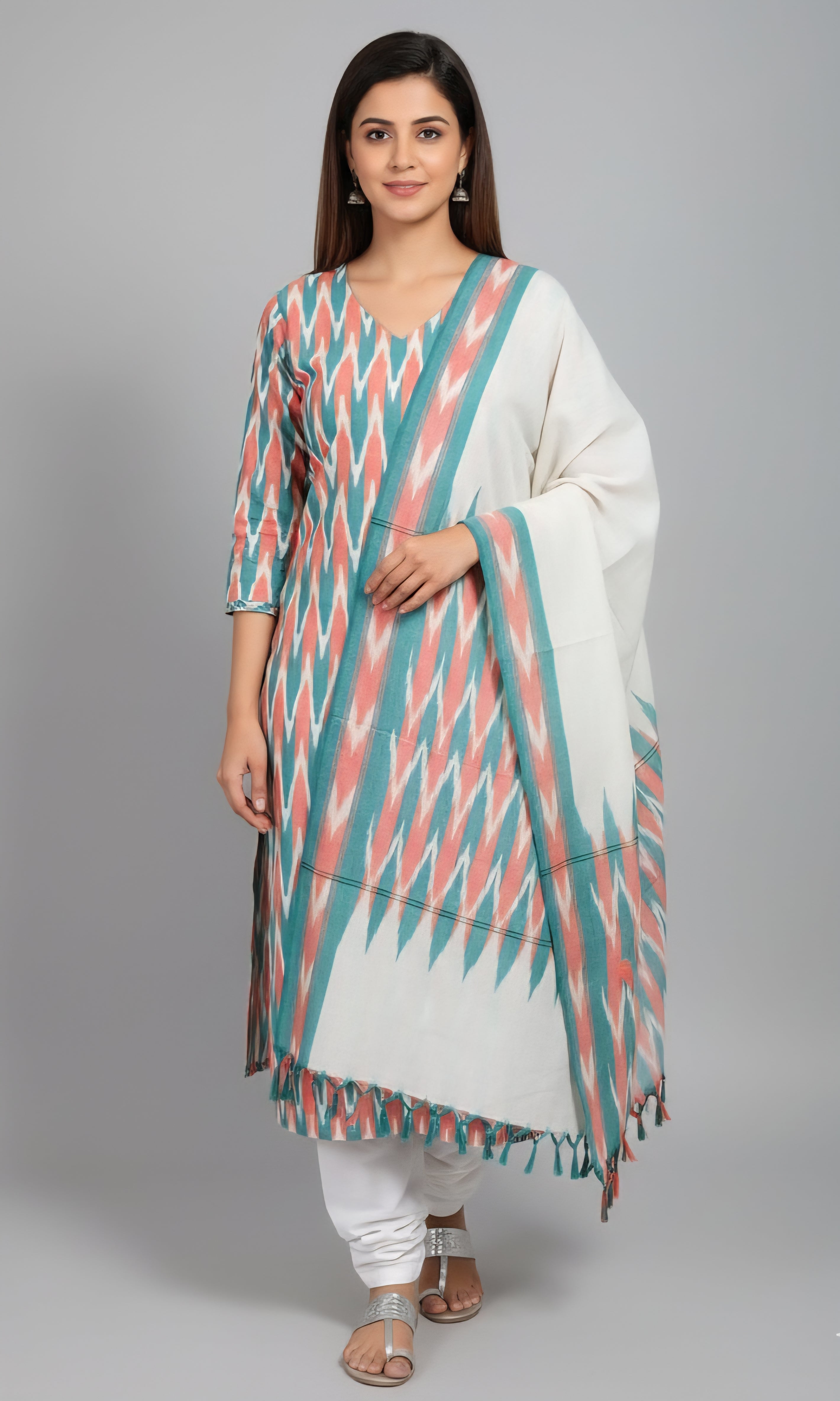 Multicolor - HANDLOOM COTTON 3PC POCHAMPALLY IKAT DRESS MATERIAL 24