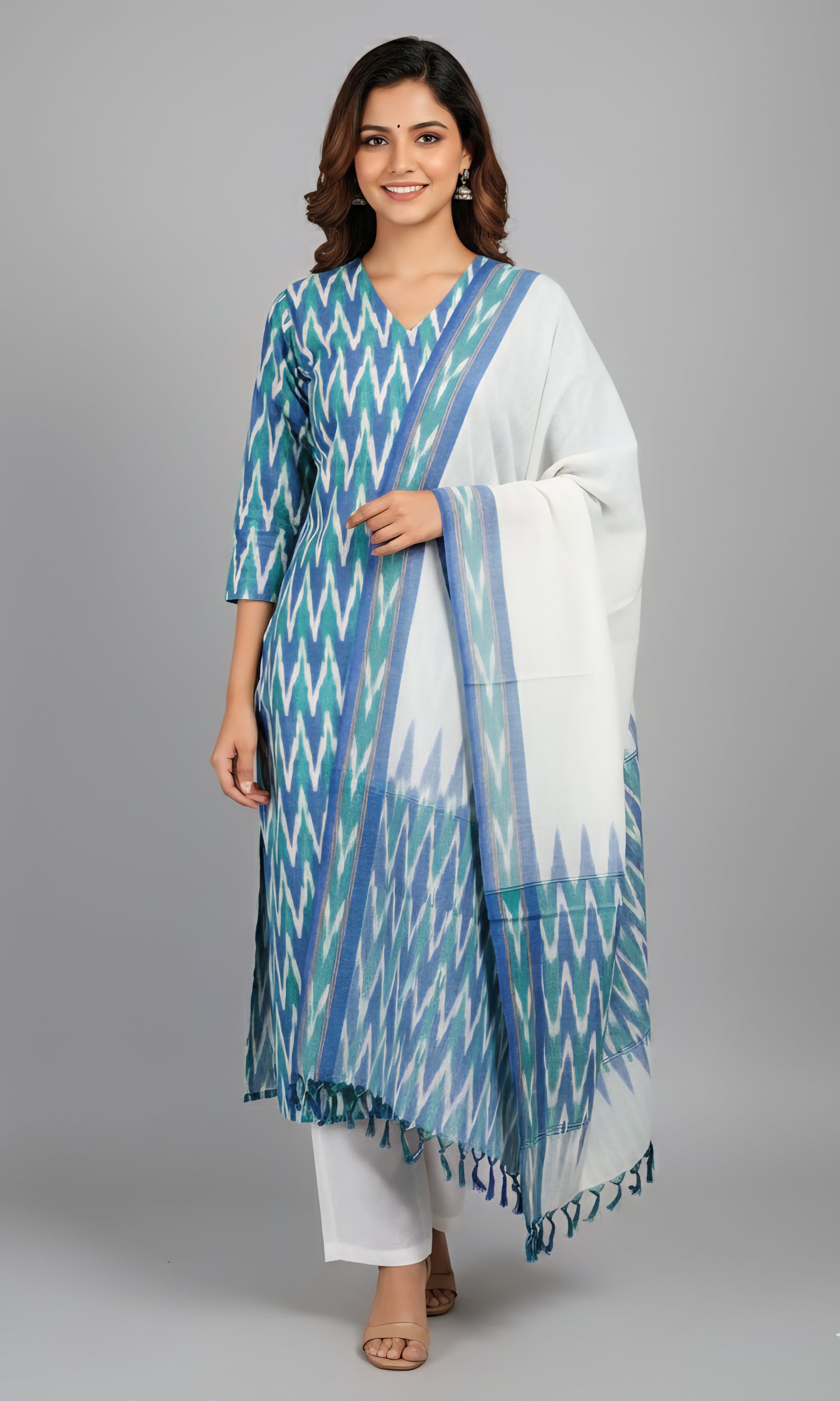 Multicolor - HANDLOOM COTTON 3PC POCHAMPALLY IKAT DRESS MATERIAL 30