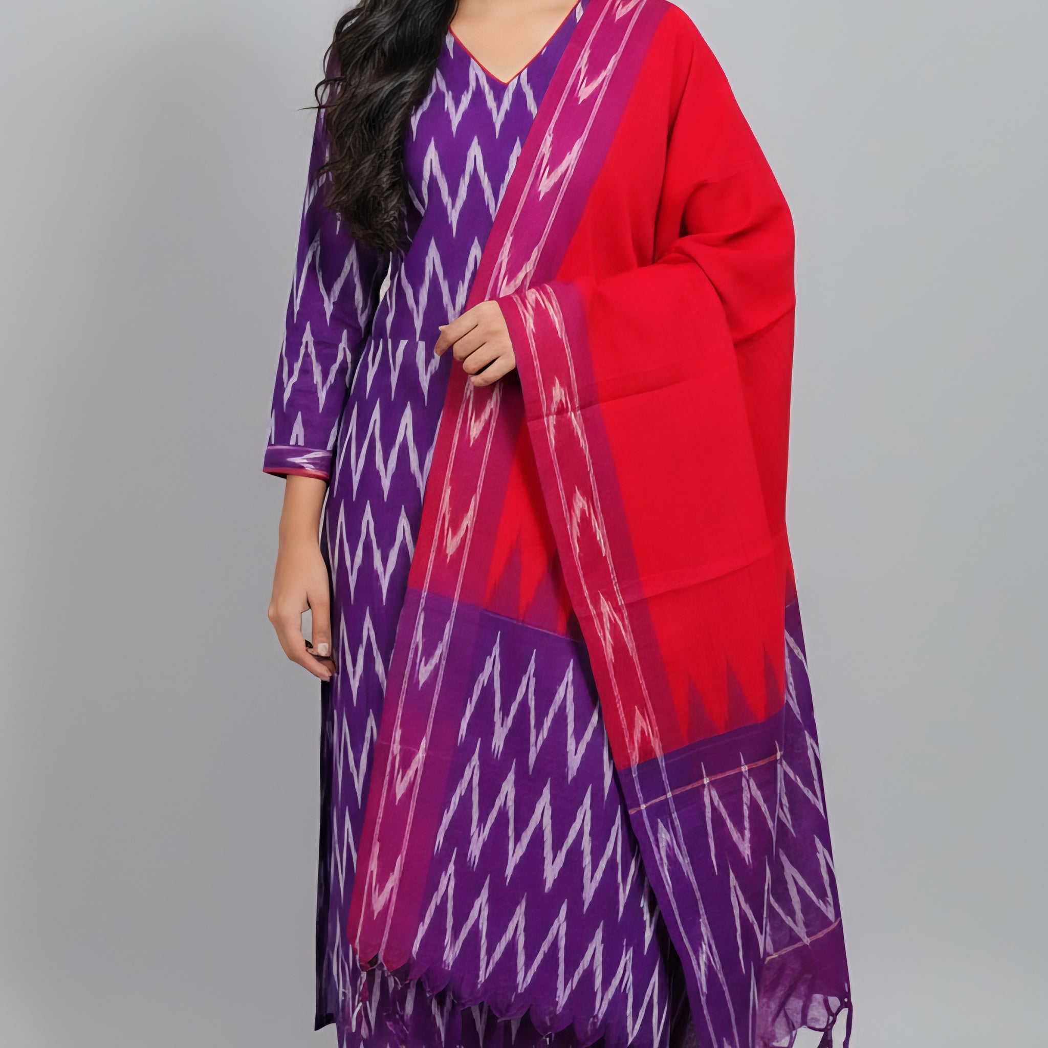 Purple - HANDLOOM COTTON 3PC POCHAMPALLY IKAT DRESS MATERIAL 35