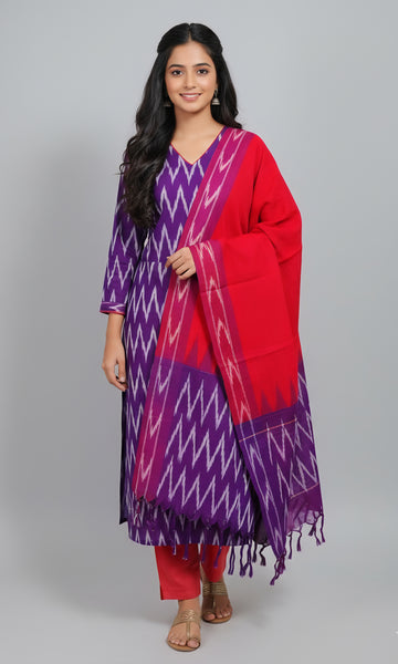 Purple - HANDLOOM COTTON 3PC POCHAMPALLY IKAT DRESS MATERIAL 35
