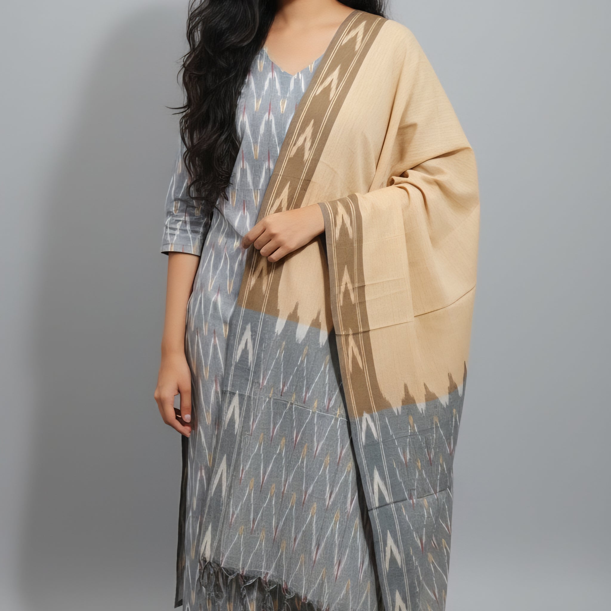 Gray - HANDLOOM COTTON 3PC POCHAMPALLY IKAT DRESS MATERIAL 20
