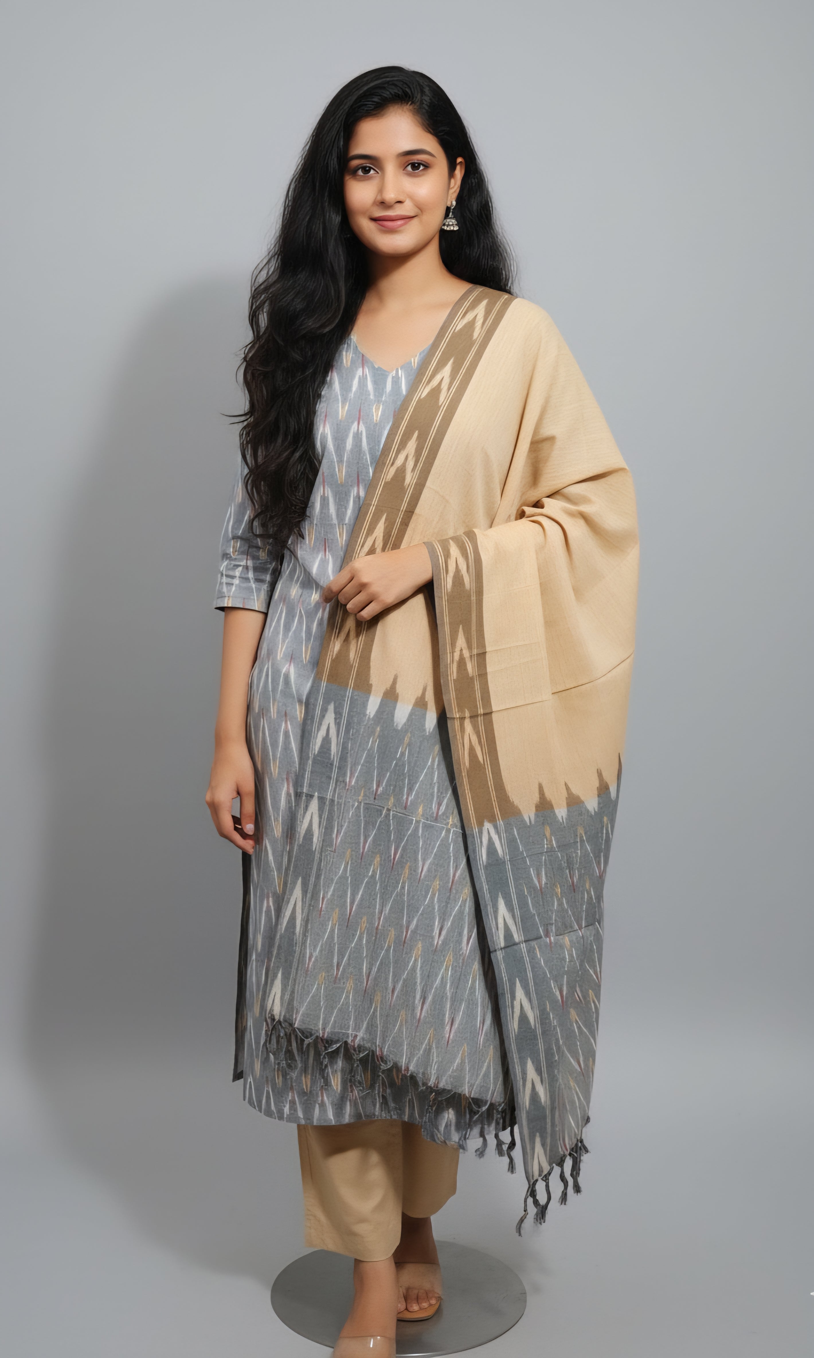 Gray - HANDLOOM COTTON 3PC POCHAMPALLY IKAT DRESS MATERIAL 20